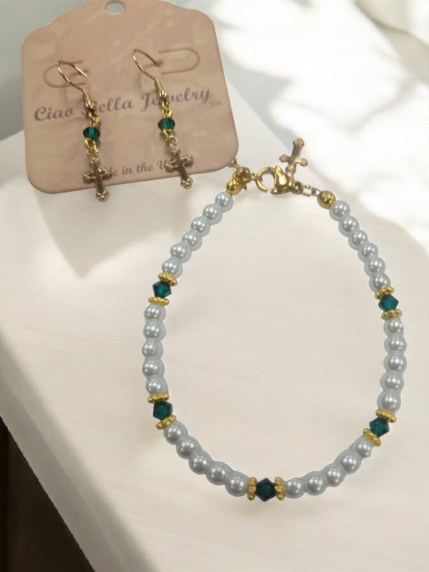 Austrian Crystal Birthstone and Pearl Set with cross Necklace/Bracelet/Earring-First Communion/Confirmation