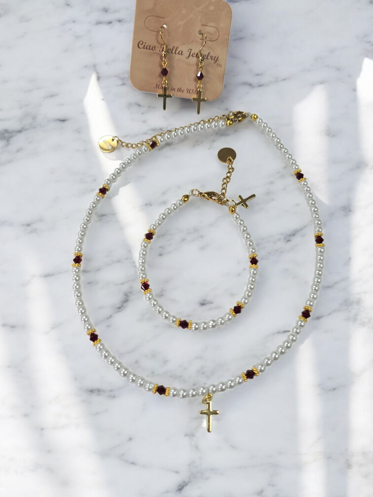 Austrian Crystal Birthstone and Pearl Set with cross Necklace/Bracelet/Earring-First Communion/Confirmation