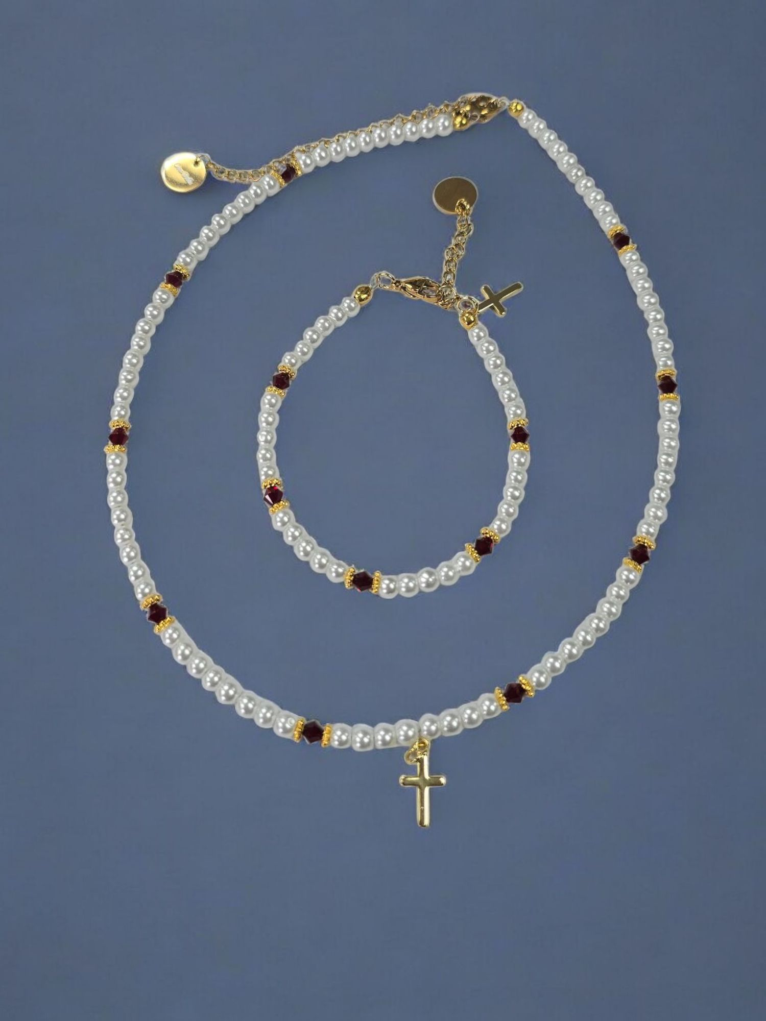 Austrian Crystal Birthstone and Pearl Set with cross Necklace/Bracelet/Earring-First Communion/Confirmation