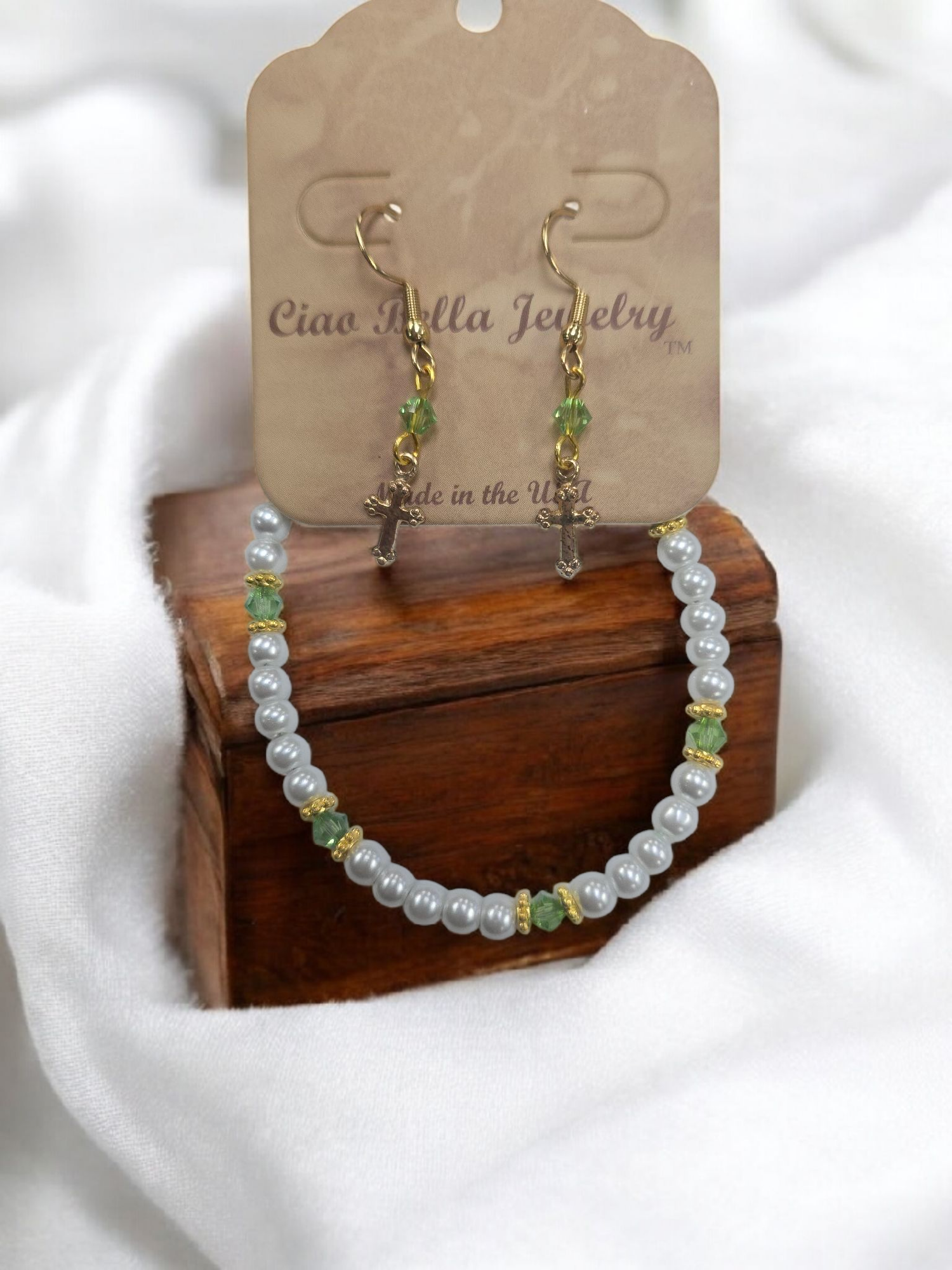 Austrian Crystal Birthstone and Pearl Set with cross Necklace/Bracelet/Earring-First Communion/Confirmation