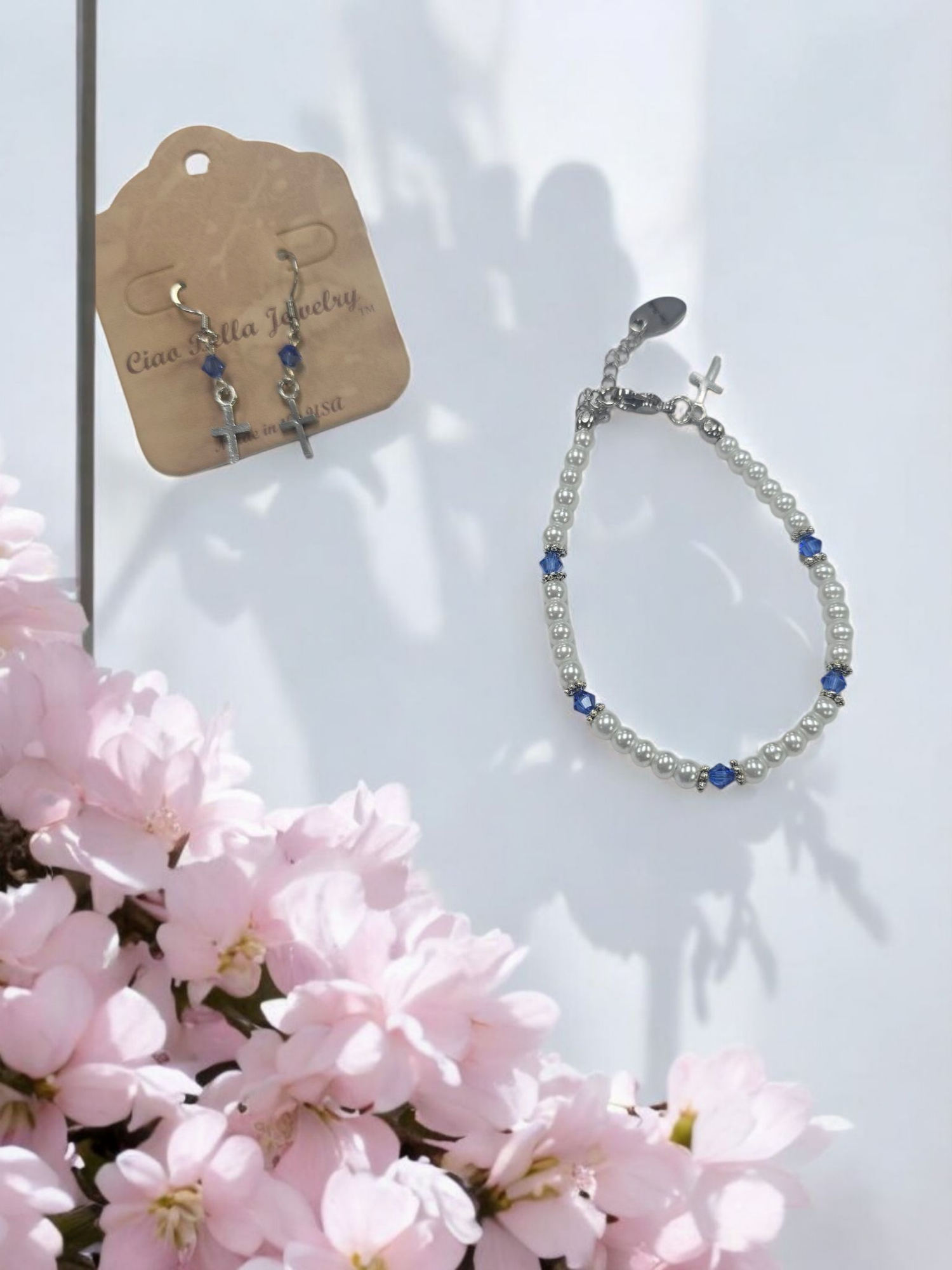 Austrian Crystal Birthstone and Pearl Set with cross Necklace/Bracelet/Earring-First Communion/Confirmation
