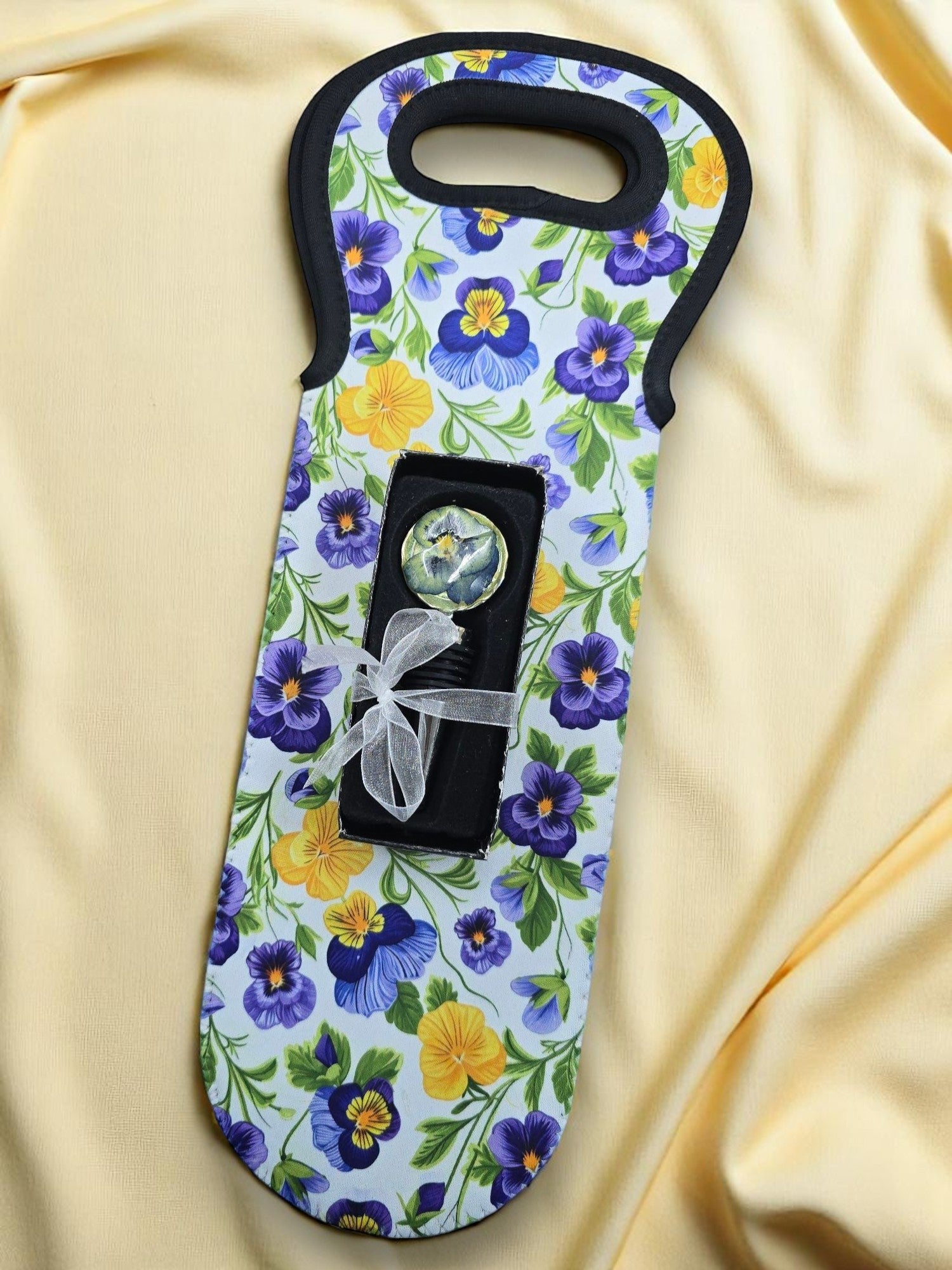 Blue & Yellow Floral Wine Bag | Stylish Flower Pattern Wine Tote