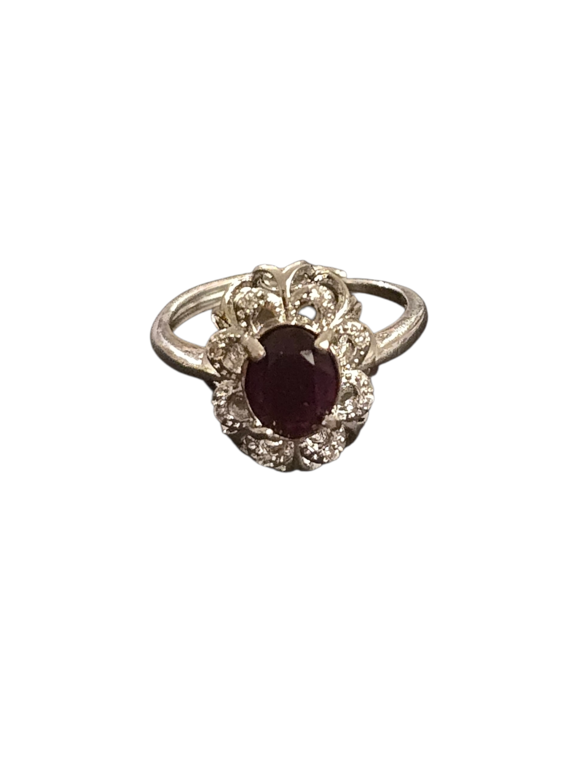 One-of-a-Kind Oval Garnet Crystal Silver Ring - Intricate January Birthstone Design