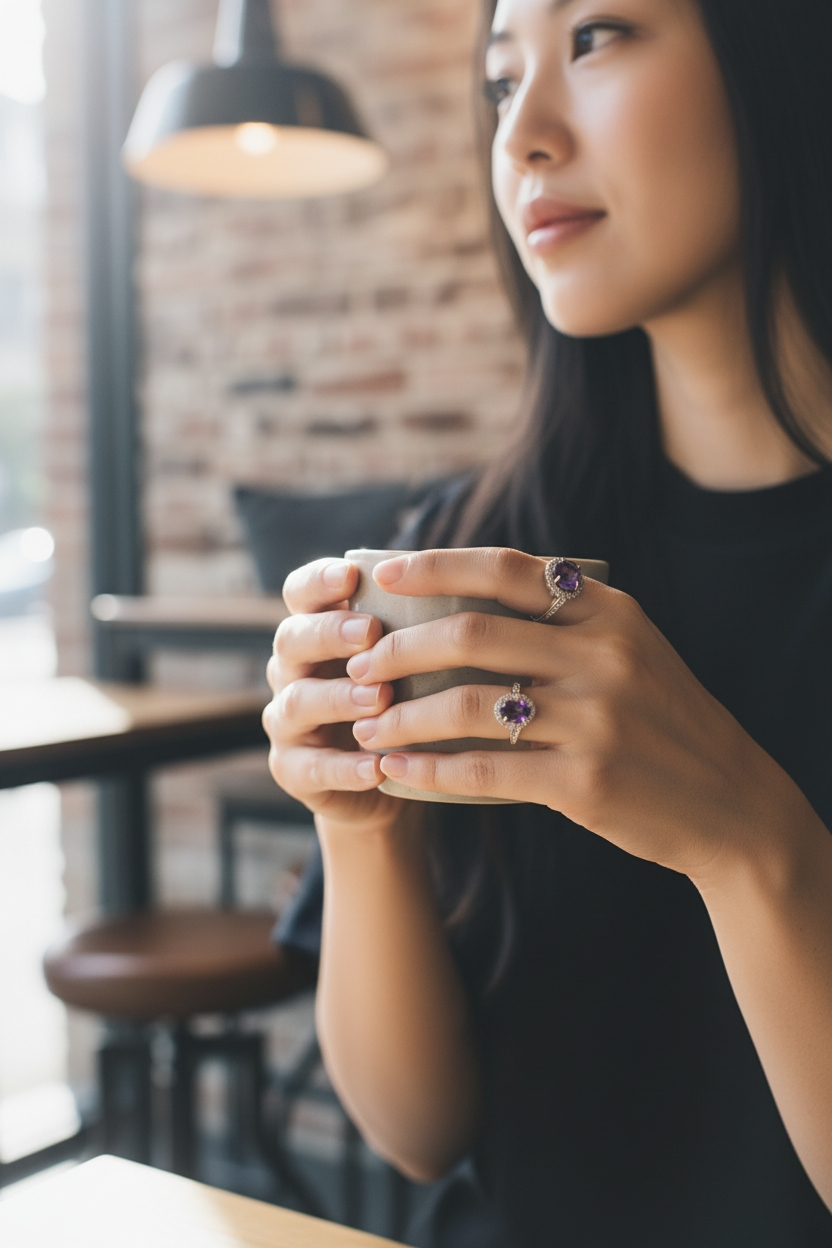 One-of-a-Kind Amethyst-Hued Crystal Silver Ring - Adjustable & Intricate Design