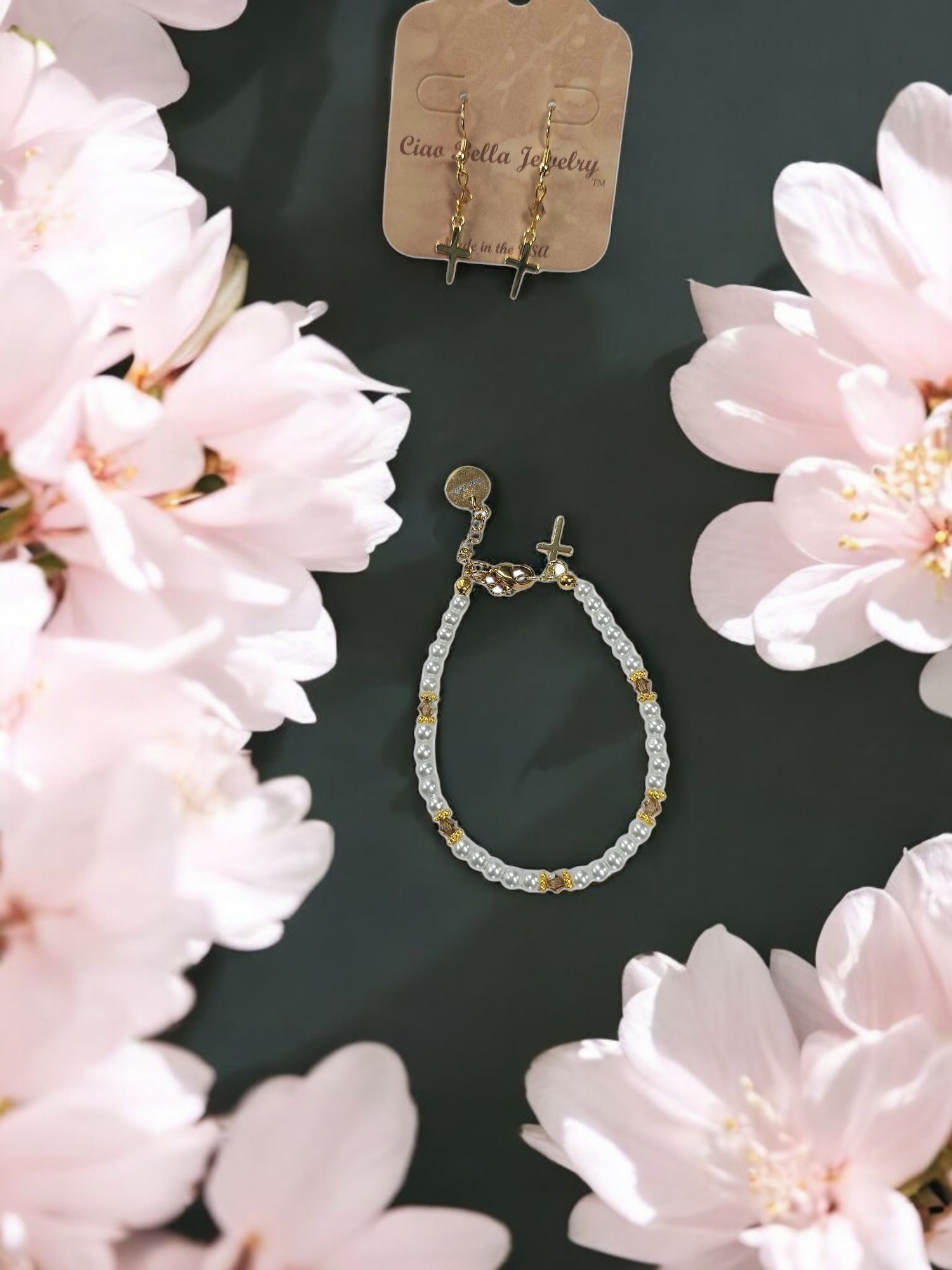 Austrian Crystal Birthstone and Pearl Set with cross Necklace/Bracelet/Earring-First Communion/Confirmation