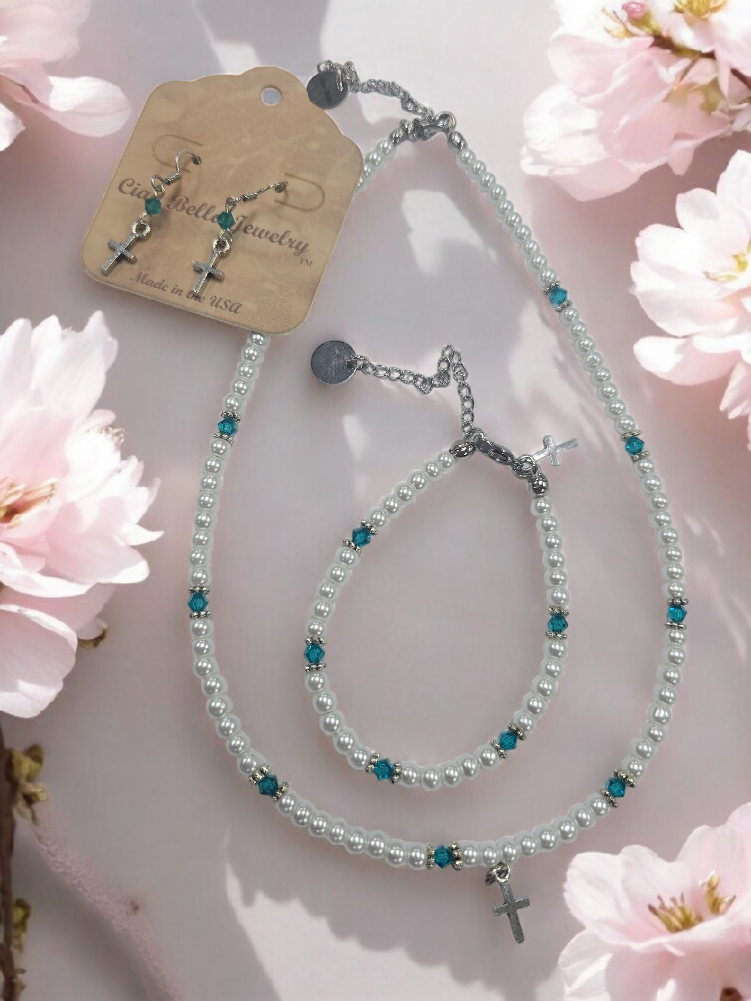 Austrian Crystal Birthstone and Pearl Set with cross Necklace/Bracelet/Earring-First Communion/Confirmation