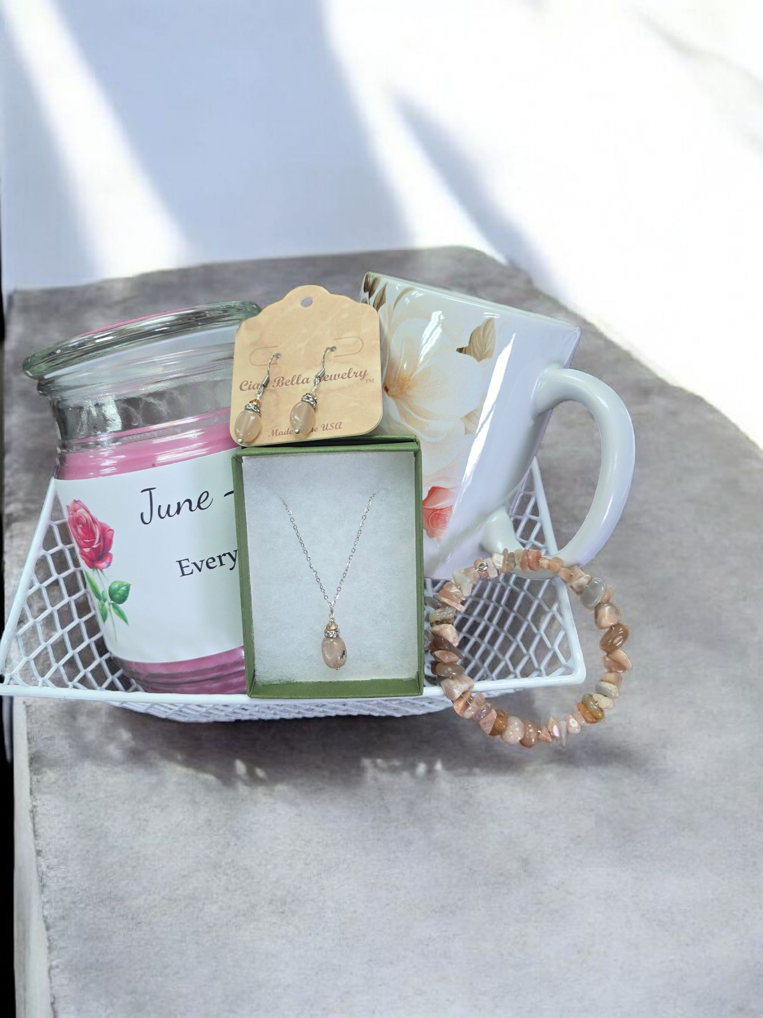 June Birthday Gift Box, Candle, Moonstone Jewelry, Rose Mug, Women's Gift