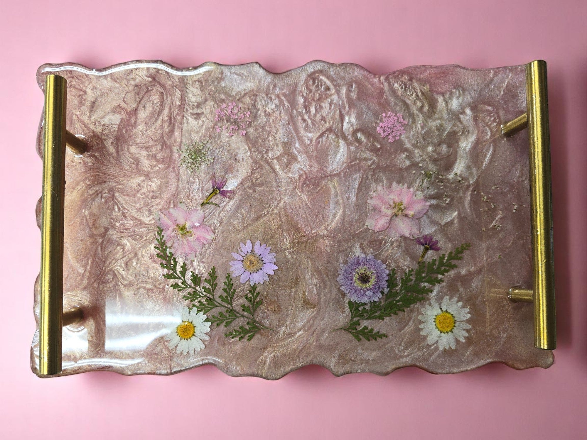 Pink Sparkle Resin Tray with Pressed Flowers & Gold Handles | Decorative Serving Tray