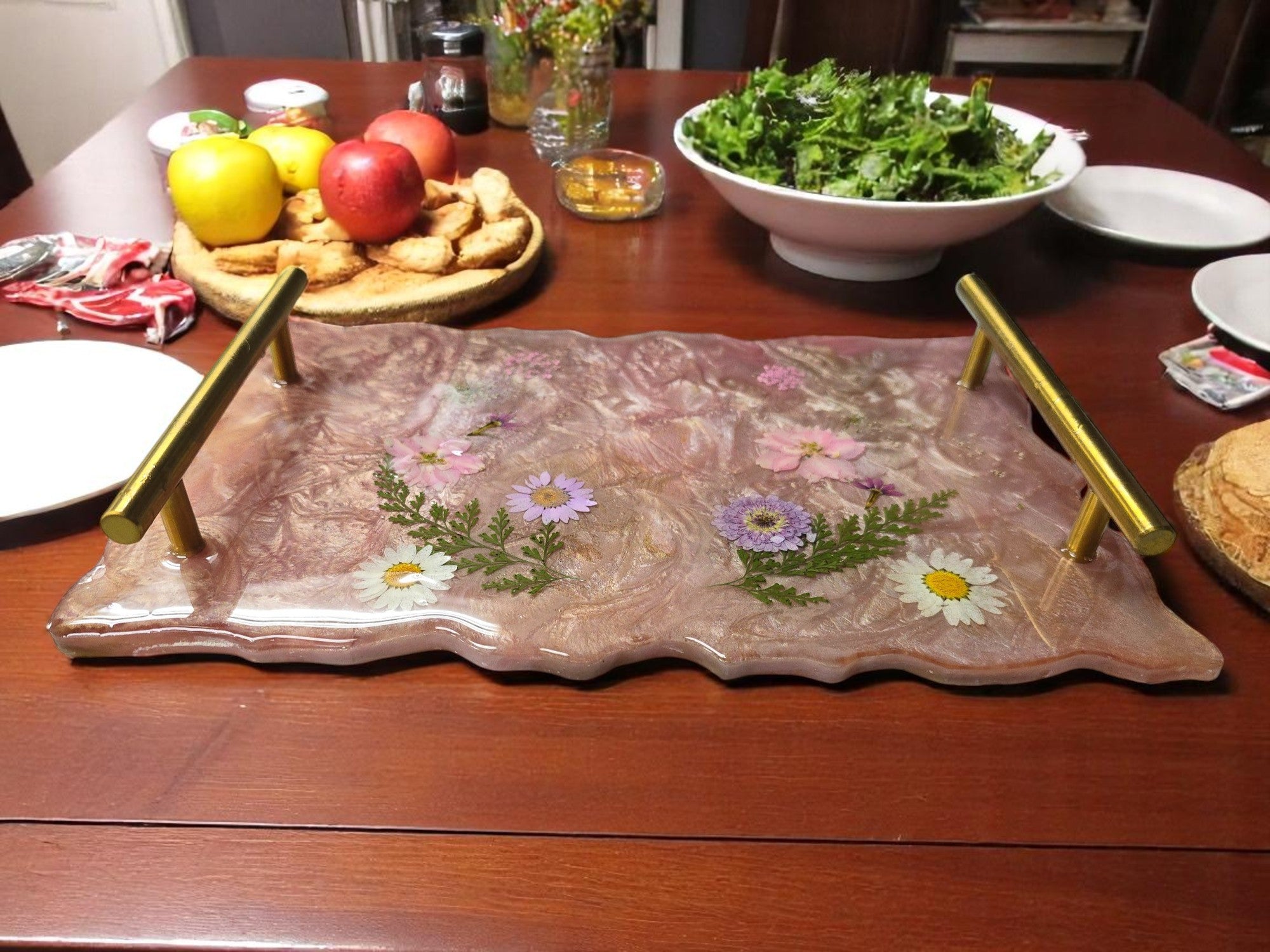 Pink Sparkle Resin Tray with Pressed Flowers & Gold Handles | Decorative Serving Tray