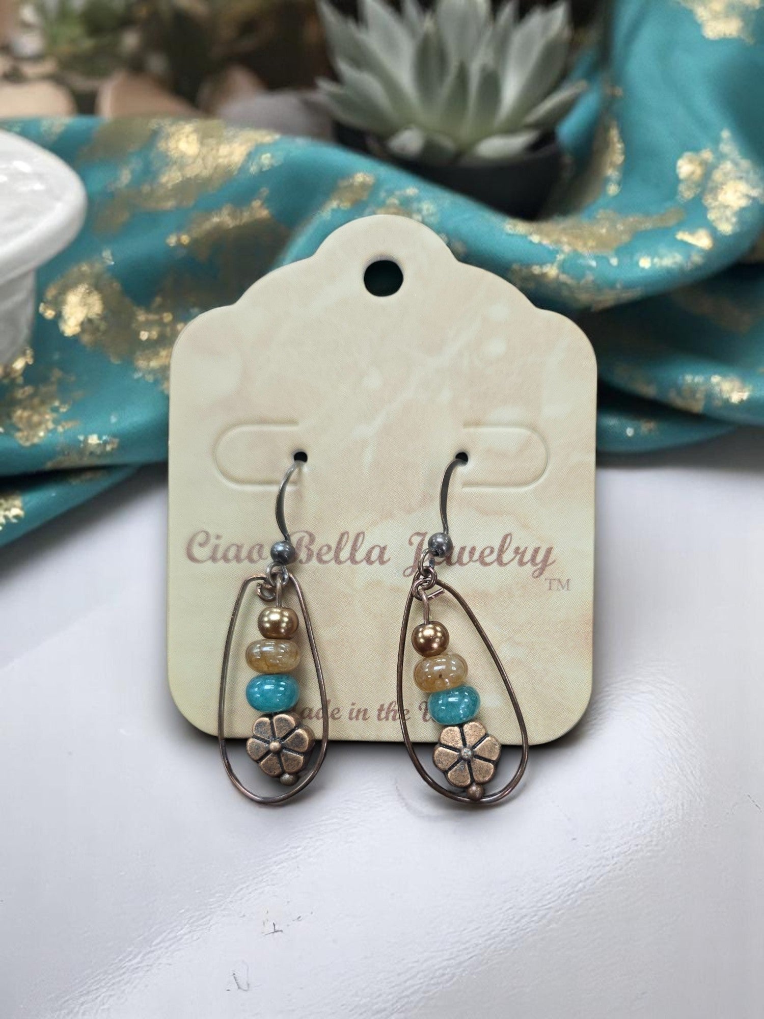 Women's Bohemian Copper Teardrop Petal Drop Earrings