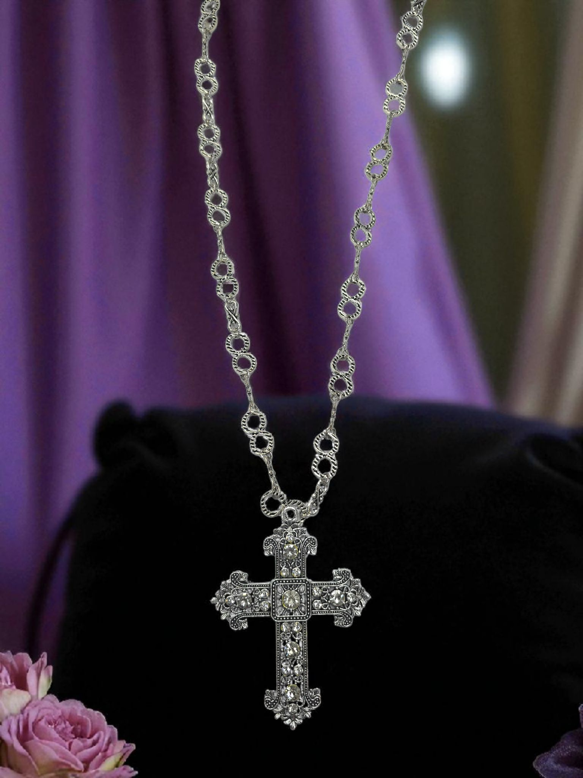 Long Crystal Embellished Cross Pendant Necklace (Alloy Metal, Gift Box)