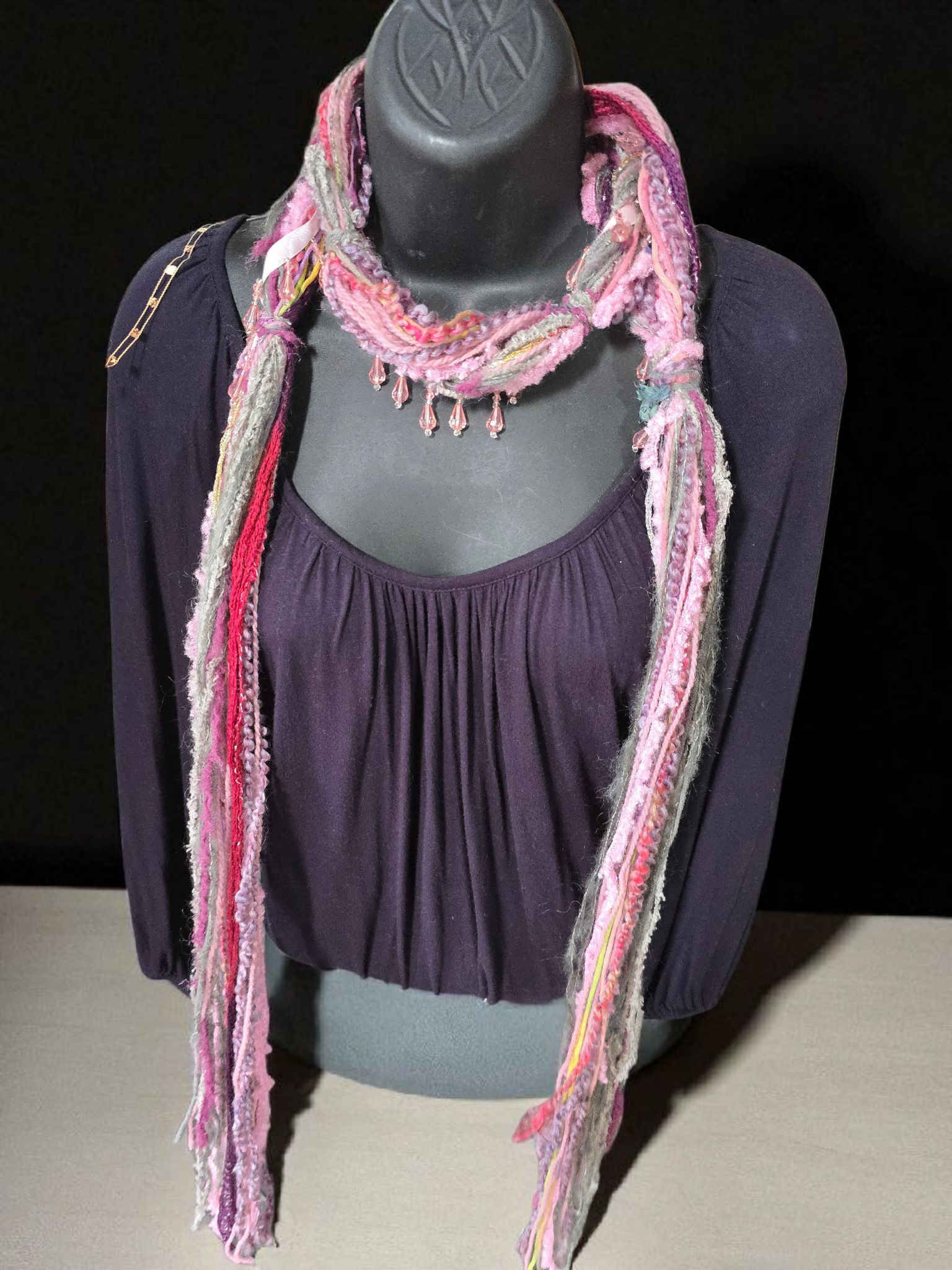 Boho Beaded Lightweight Scarf Necklace - Dark and Light Pink with Gray