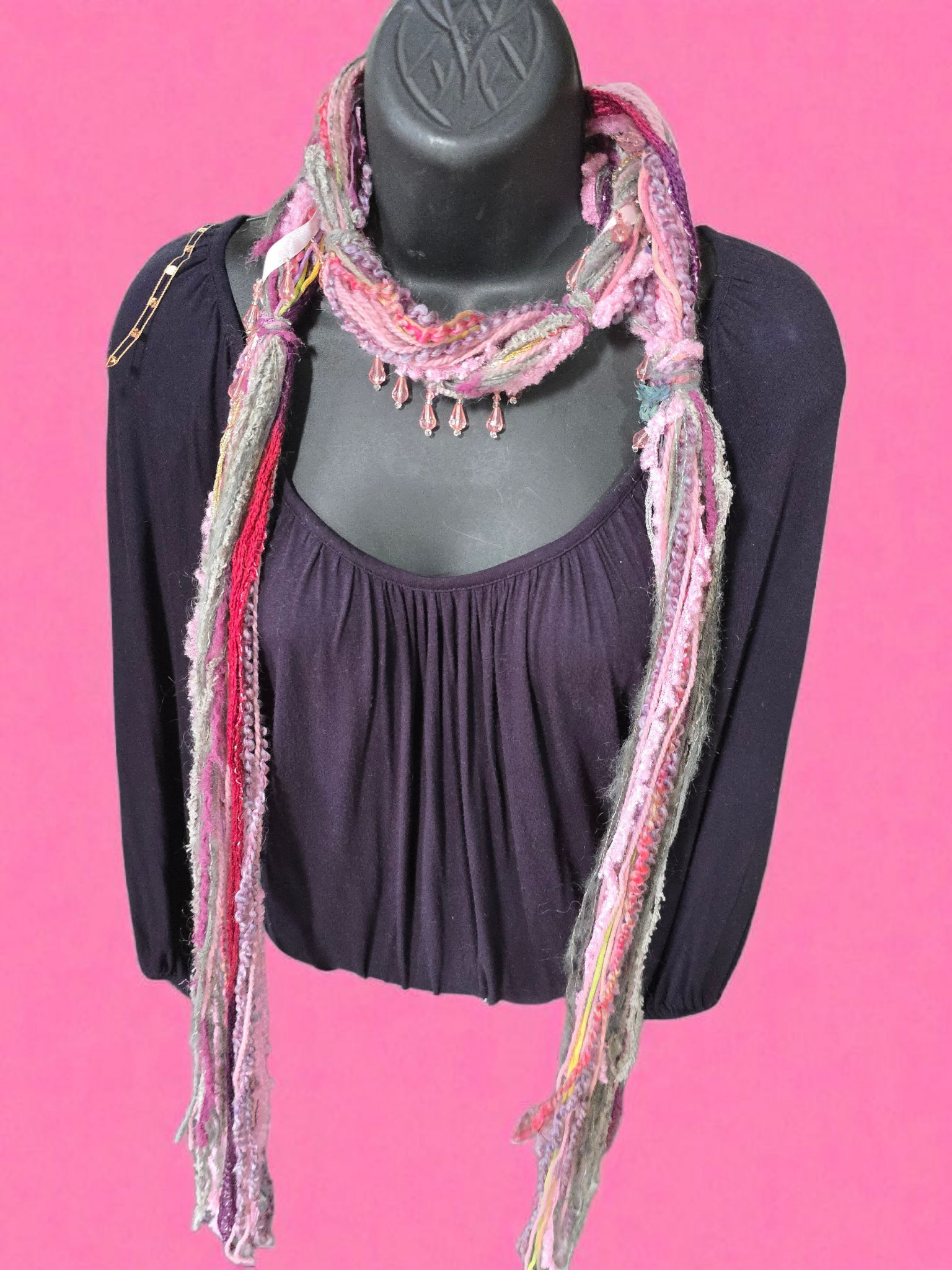 Boho Beaded Lightweight Scarf Necklace - Dark and Light Pink with Gray