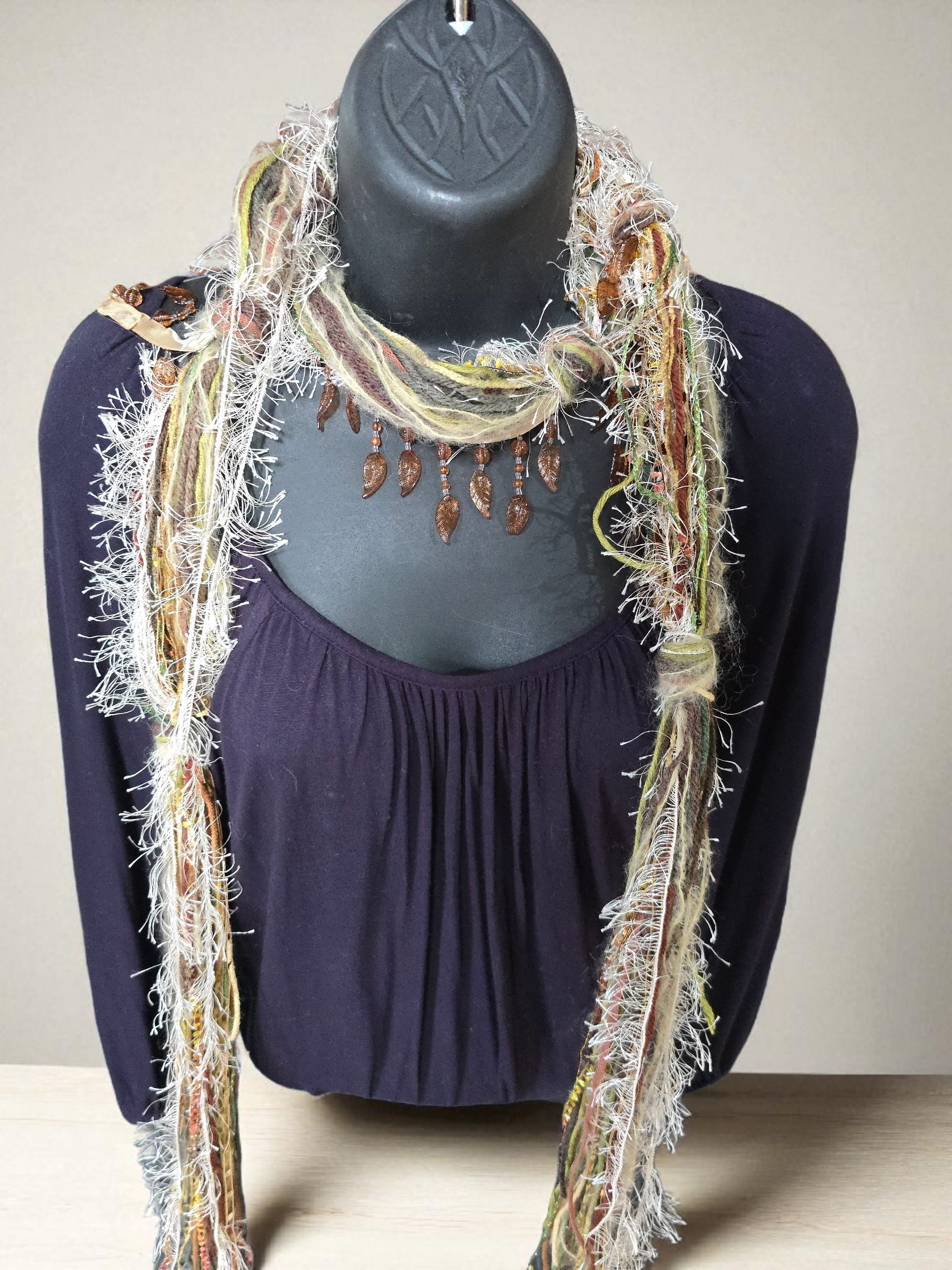 Boho Beaded Lightweight Mohair Scarf Necklace - Brown, Green, and Ivory