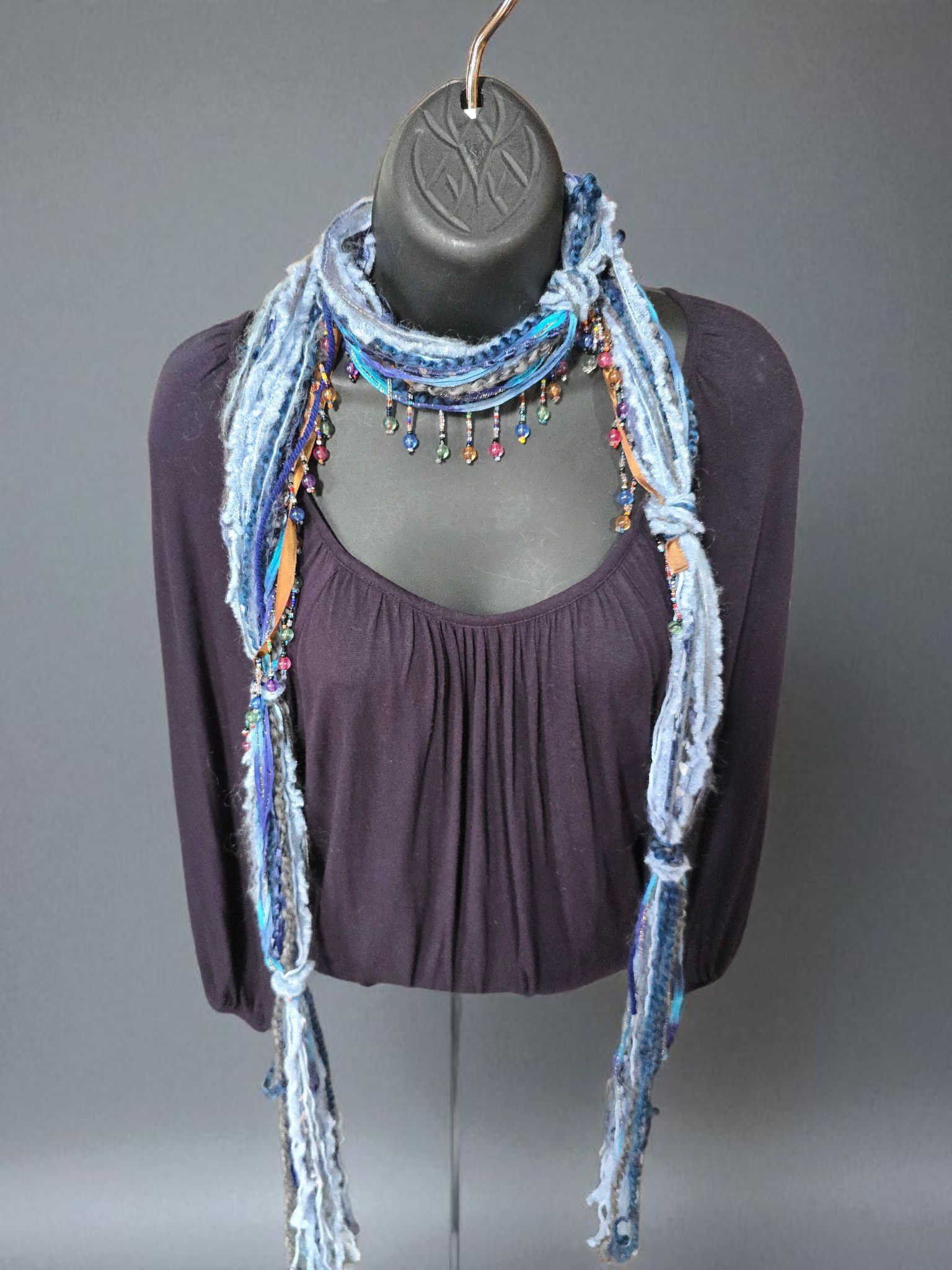 Boho Beaded Lightweight Mohair Scarf Necklace - Navy and Blue