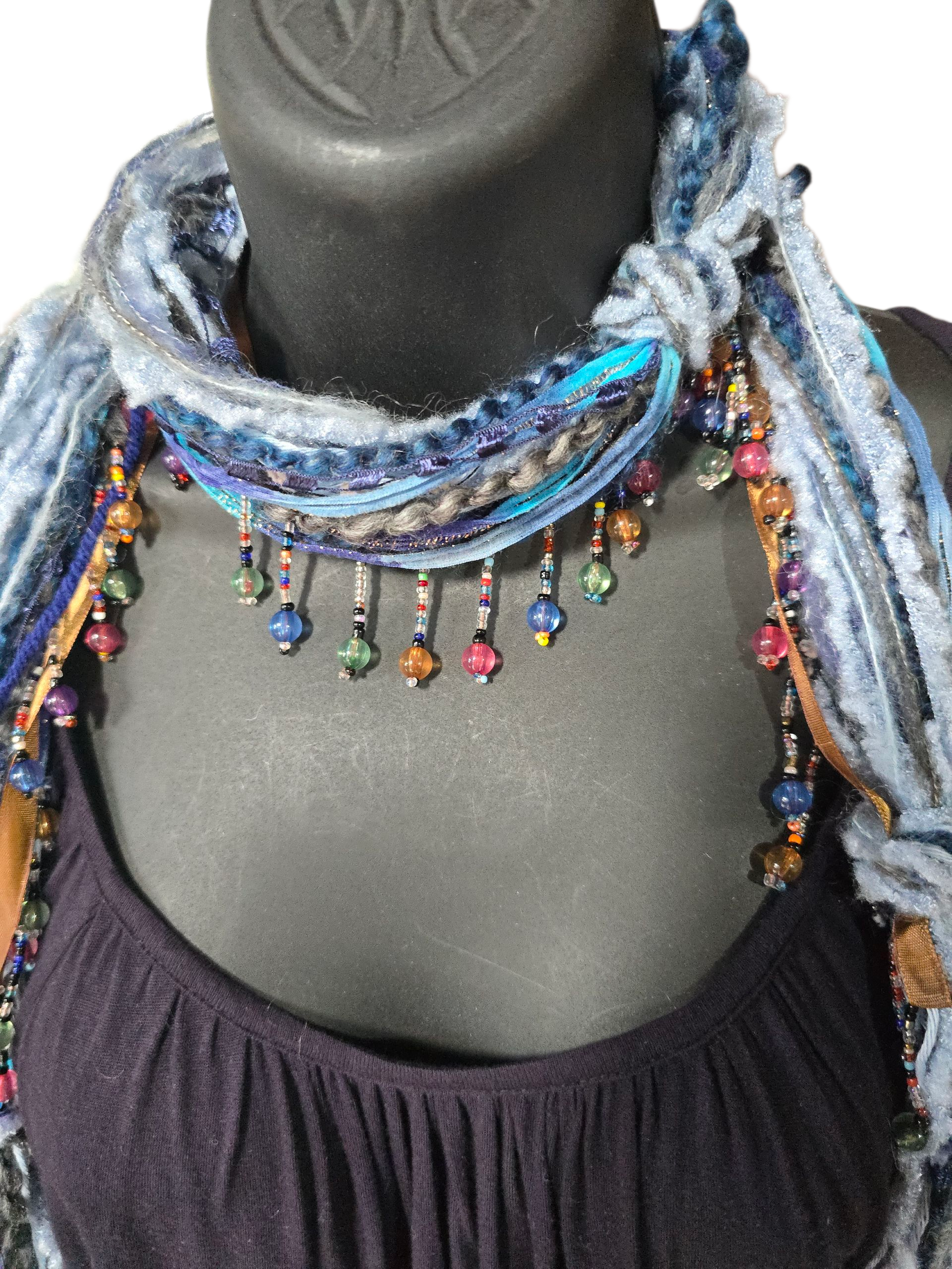 Boho Beaded Lightweight Mohair Scarf Necklace - Navy and Blue