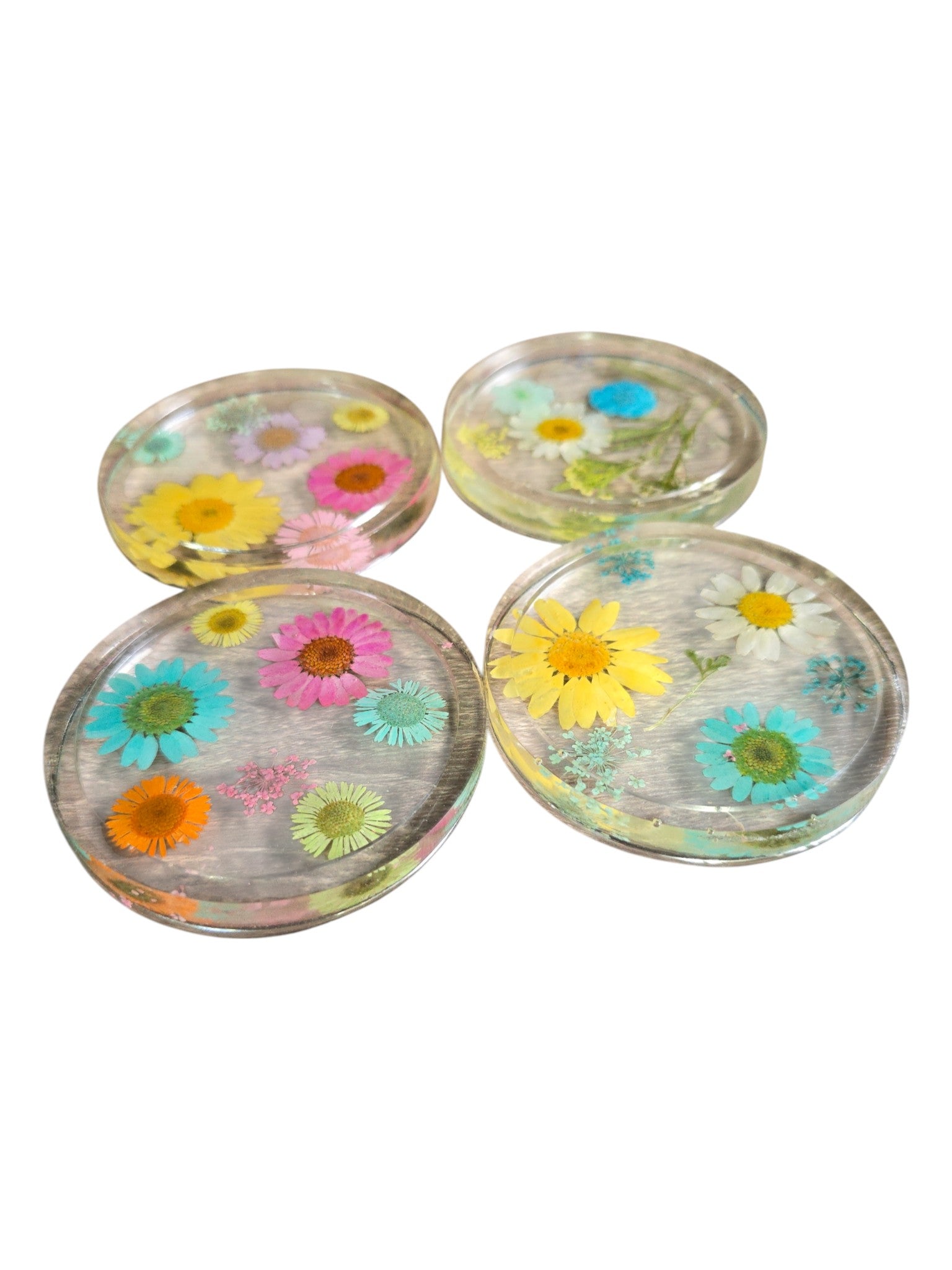 Four Pressed Flower Resin Coasters Set - Botanical Coaster with Real Flowers