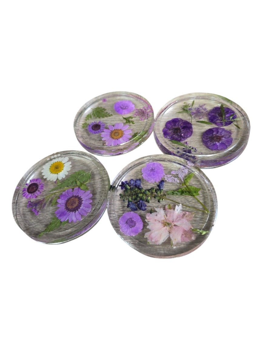 Four Pressed Flower Resin Coasters Set - Botanical Coaster with Real Flowers
