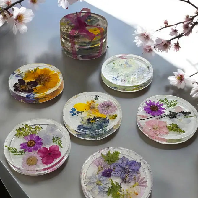 Four Pressed Flower Resin Coasters Set - Botanical Coaster with Real Flowers