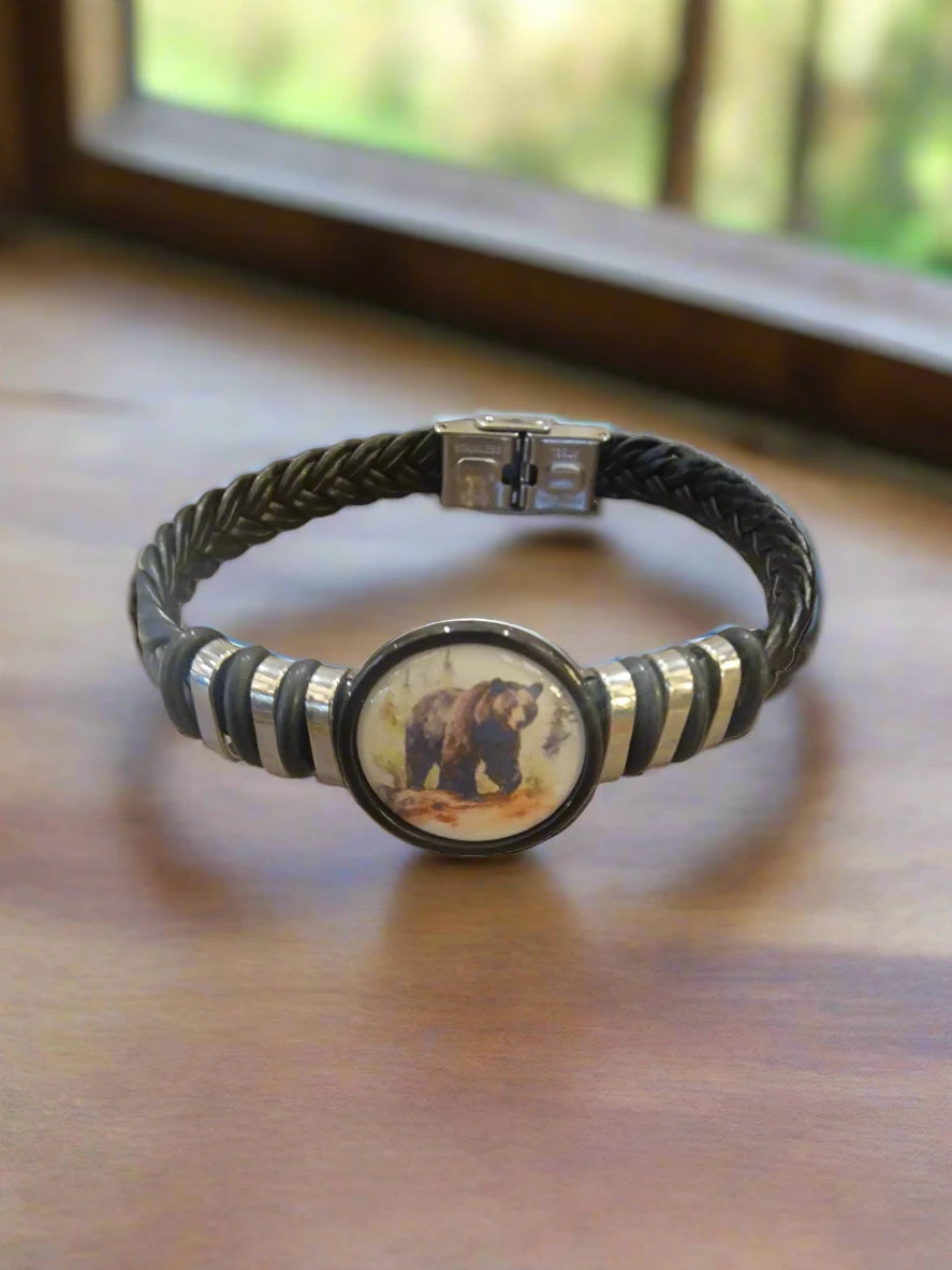 Watercolor Bear Braided Leather Bracelet | Animal Lover Jewelry | Handmade