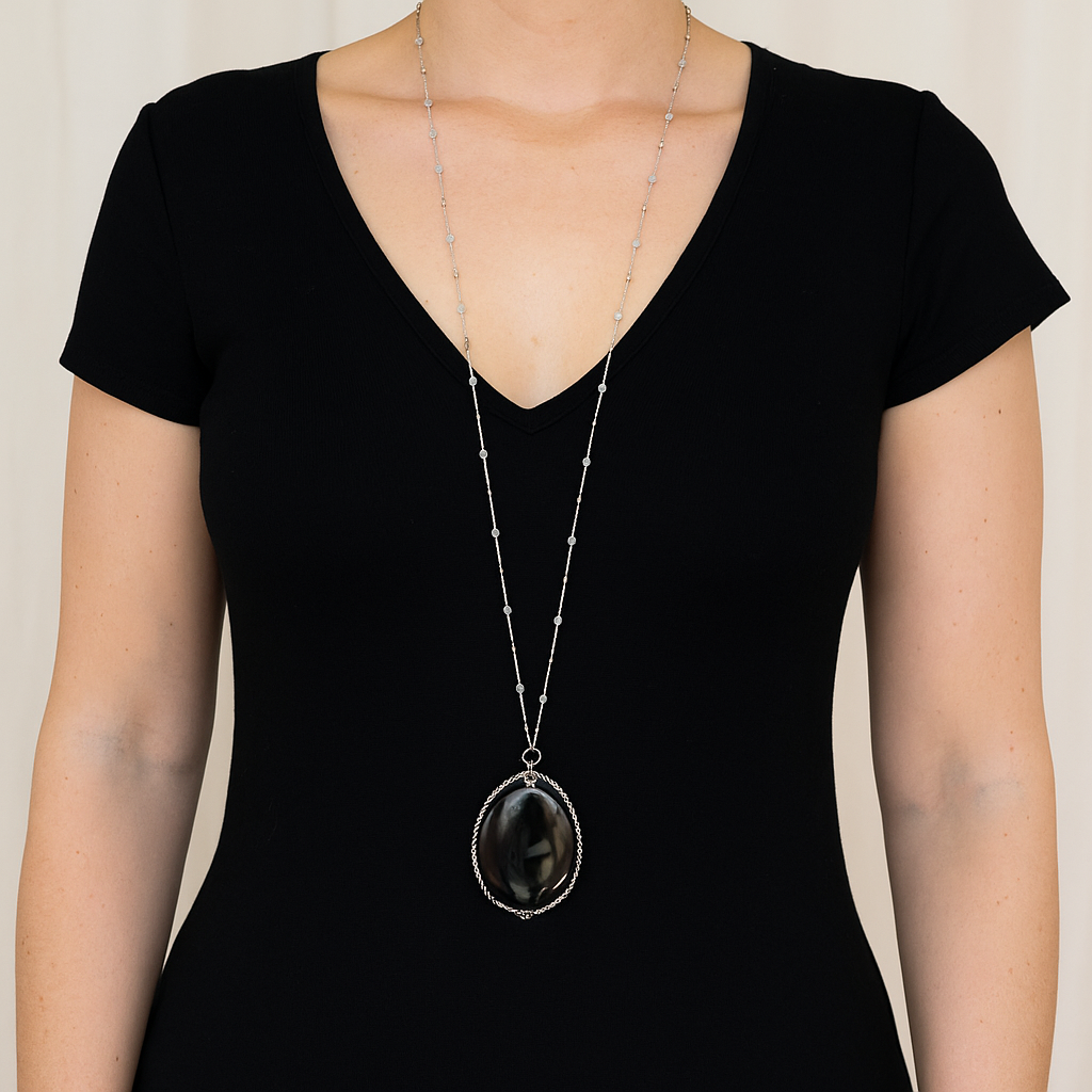 Michelle Marie's Midnight Majesty Long black Agate Pendant Necklace with Brass Silver Crystal Chain