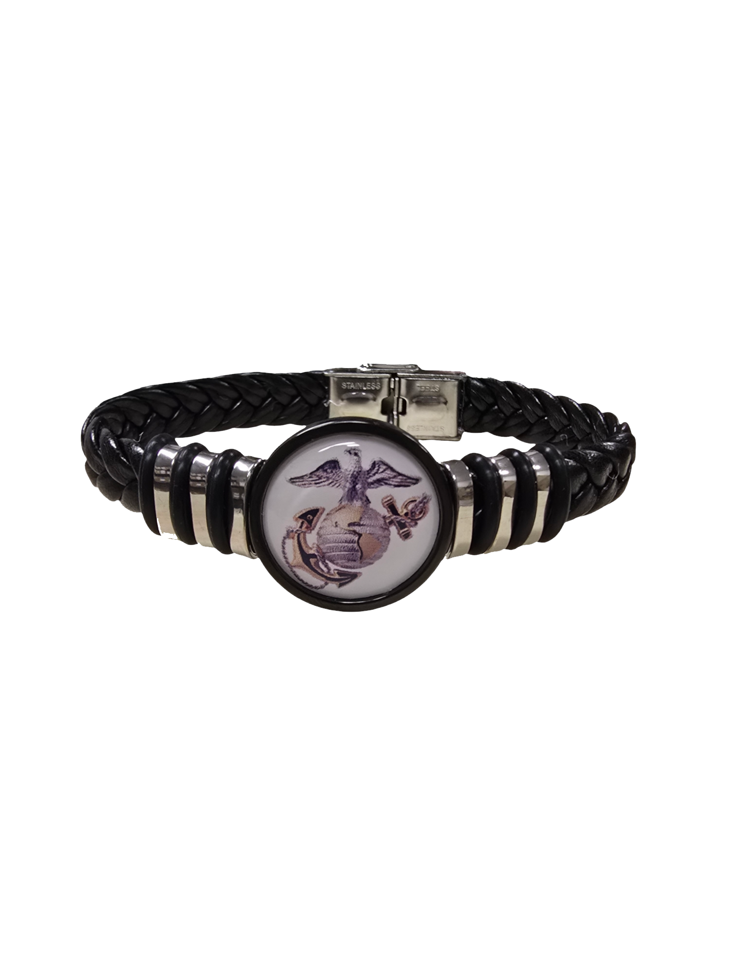 Marine Corps Black Braided Leather Bracelet, Eagle Globe Anchor (EGA) or Marine Seal Symbol, Officially Licensed