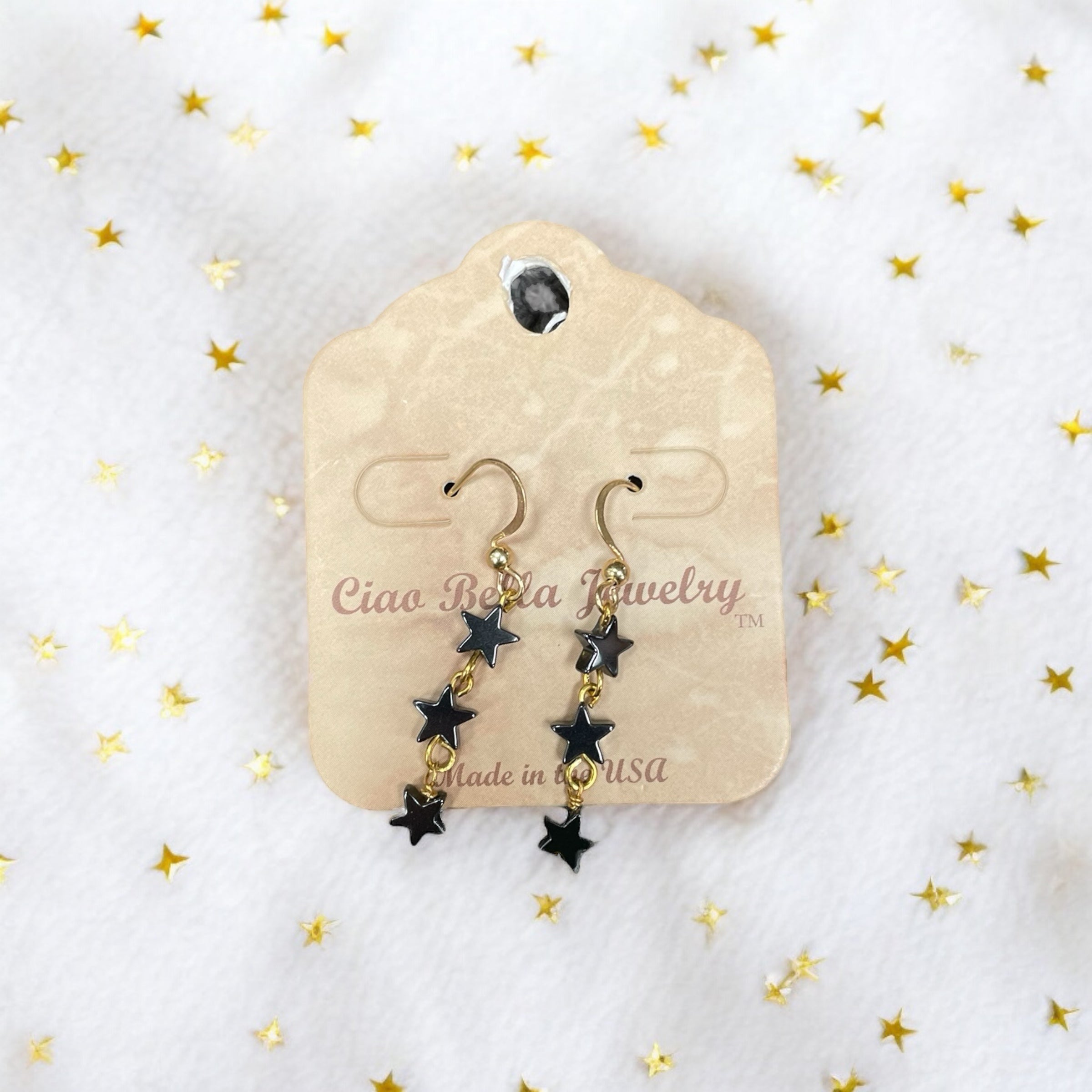 Night Sky Elegance: Tiny Black Hematite Star Gemstones Trio on Gold Drop Earrings