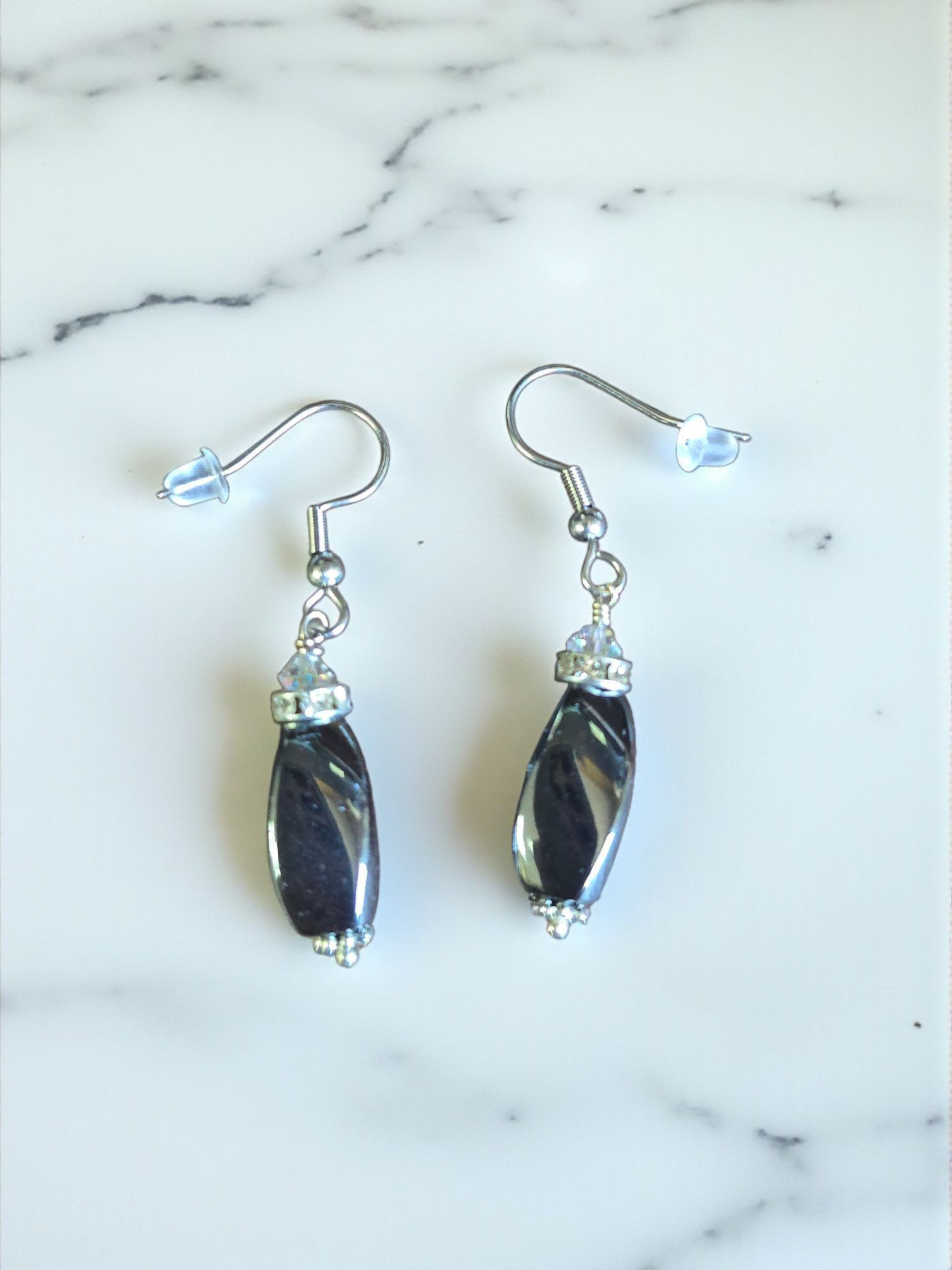 Black Gemstone Hematite Drop Earrings with Crystal Accents | Sterling Silver