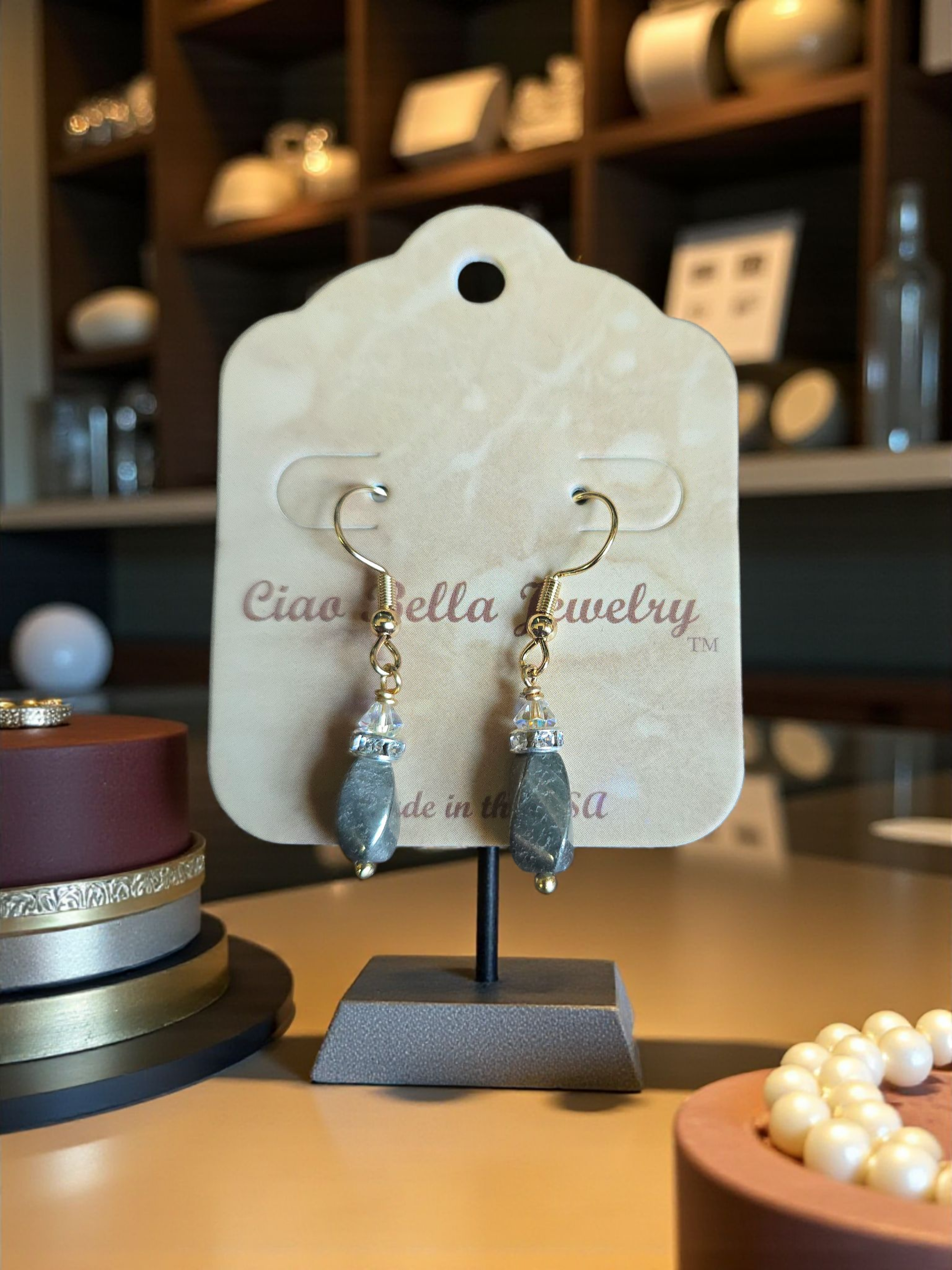 Black Gemstone Hematite Drop Earrings with Crystal Accents | Sterling Silver