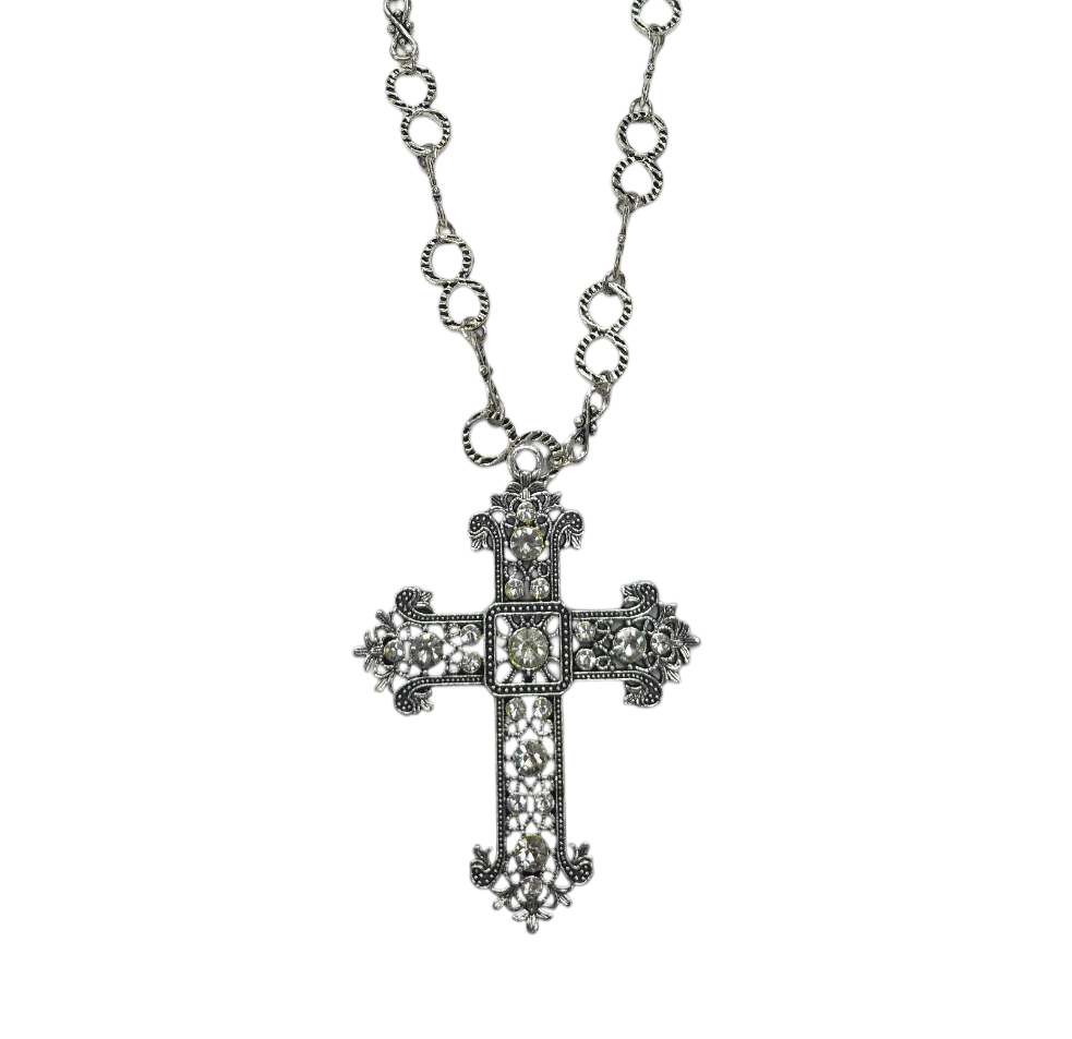 Long Crystal Embellished Cross Pendant Necklace (Alloy Metal, Gift Box)