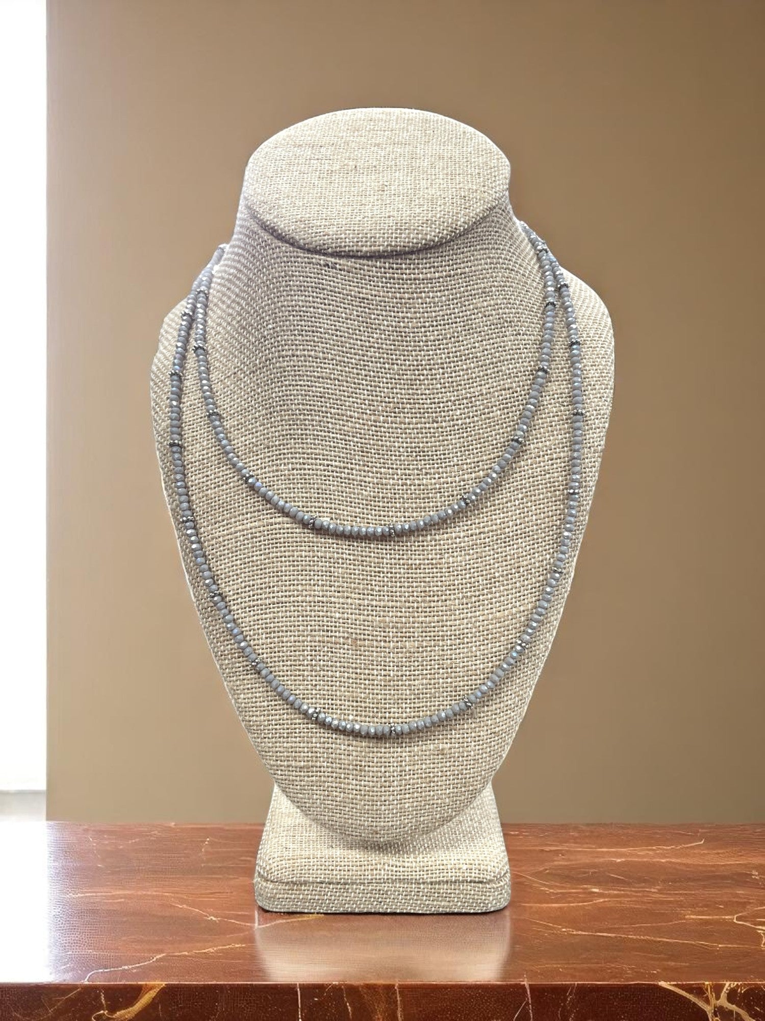 Elegant Long Beaded Necklace | Light Gray
