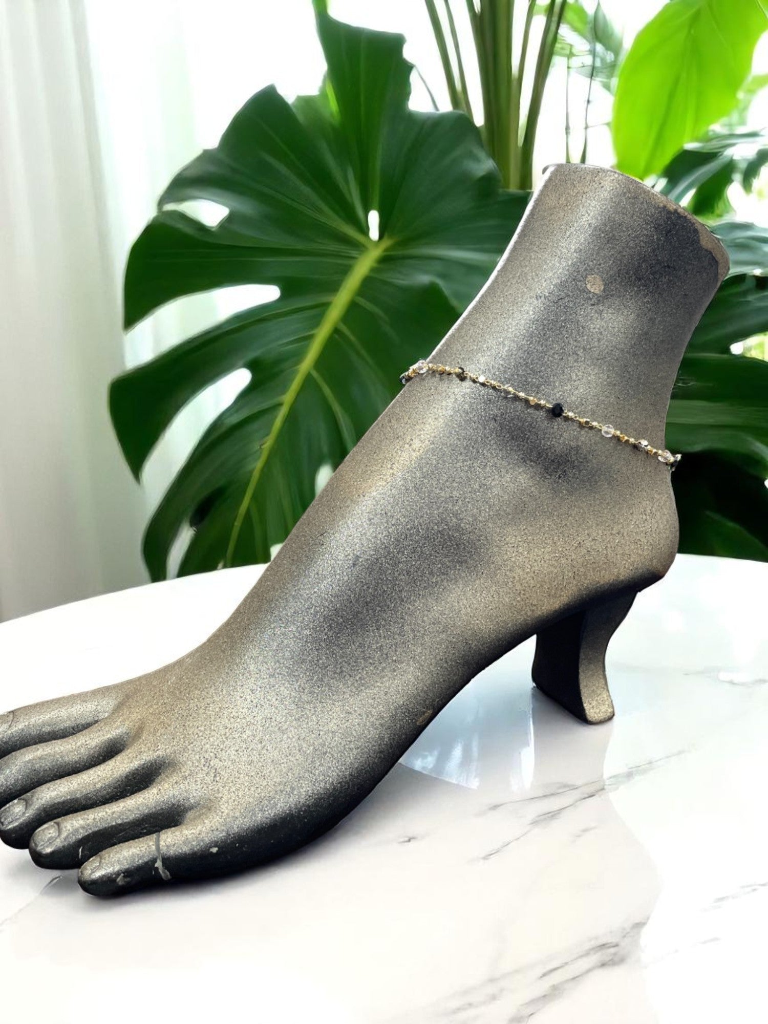 Sparkling Gold Chain Anklet | Black & Clear Crystals
