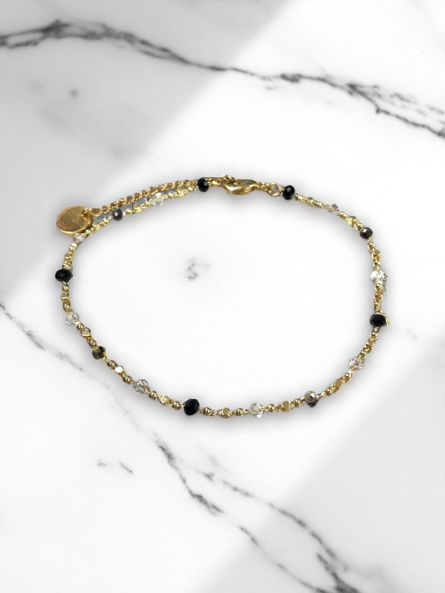 Sparkling Gold Chain Anklet | Black & Clear Crystals