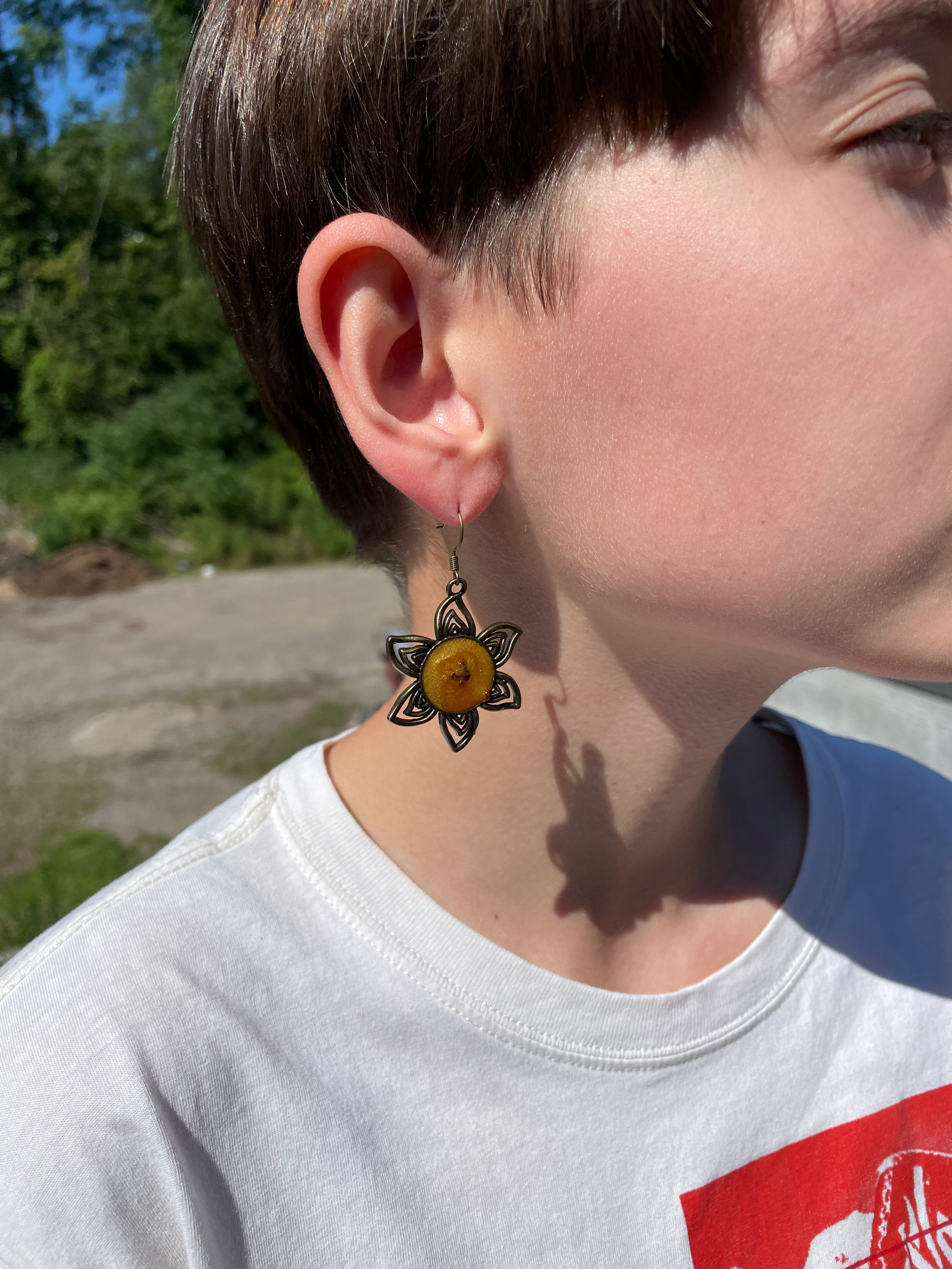Sun-Kissed Sparkle: Golden Sunflower Dangle Earrings with Glitter Resin