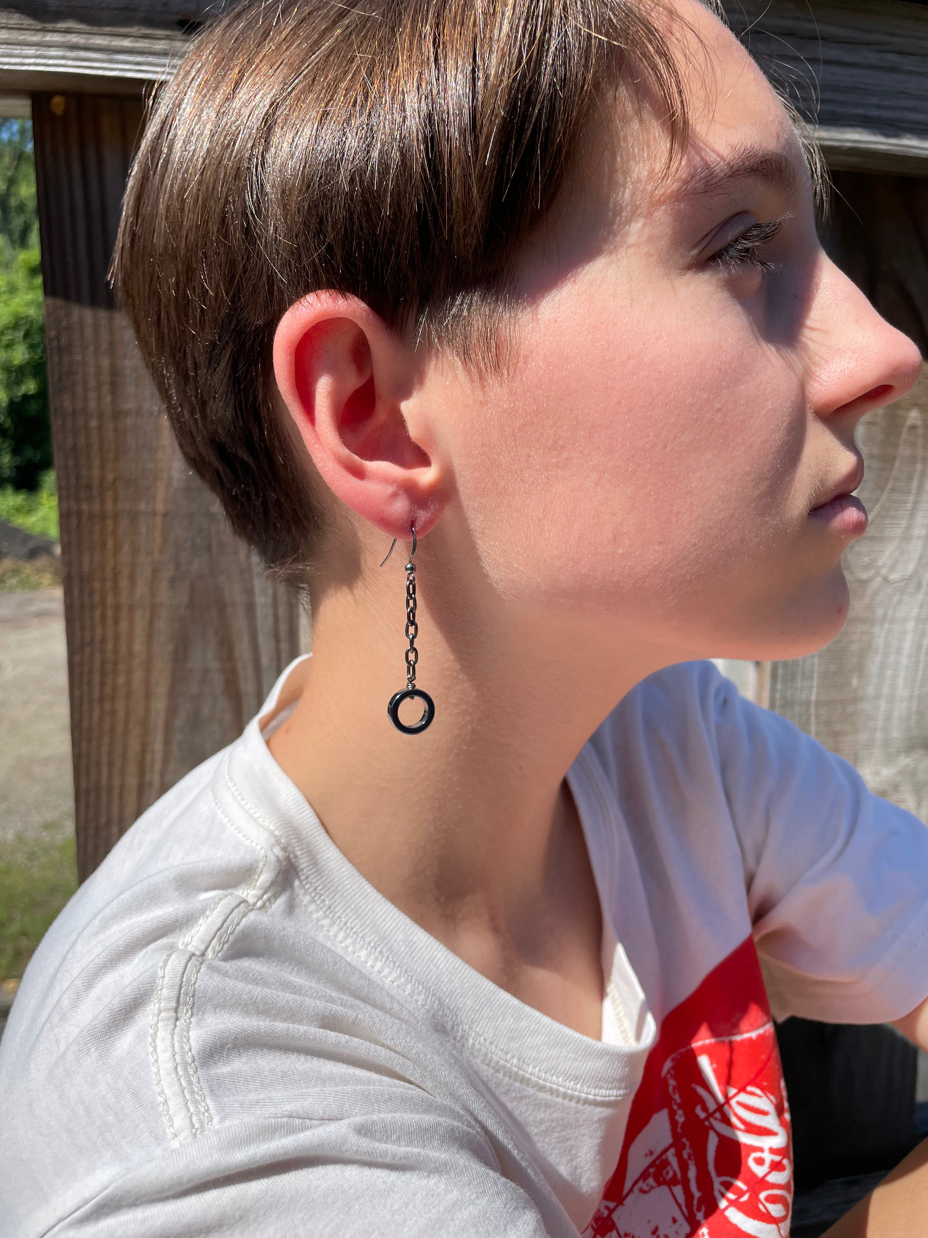 Black Hematite Dangle Hoop Earrings