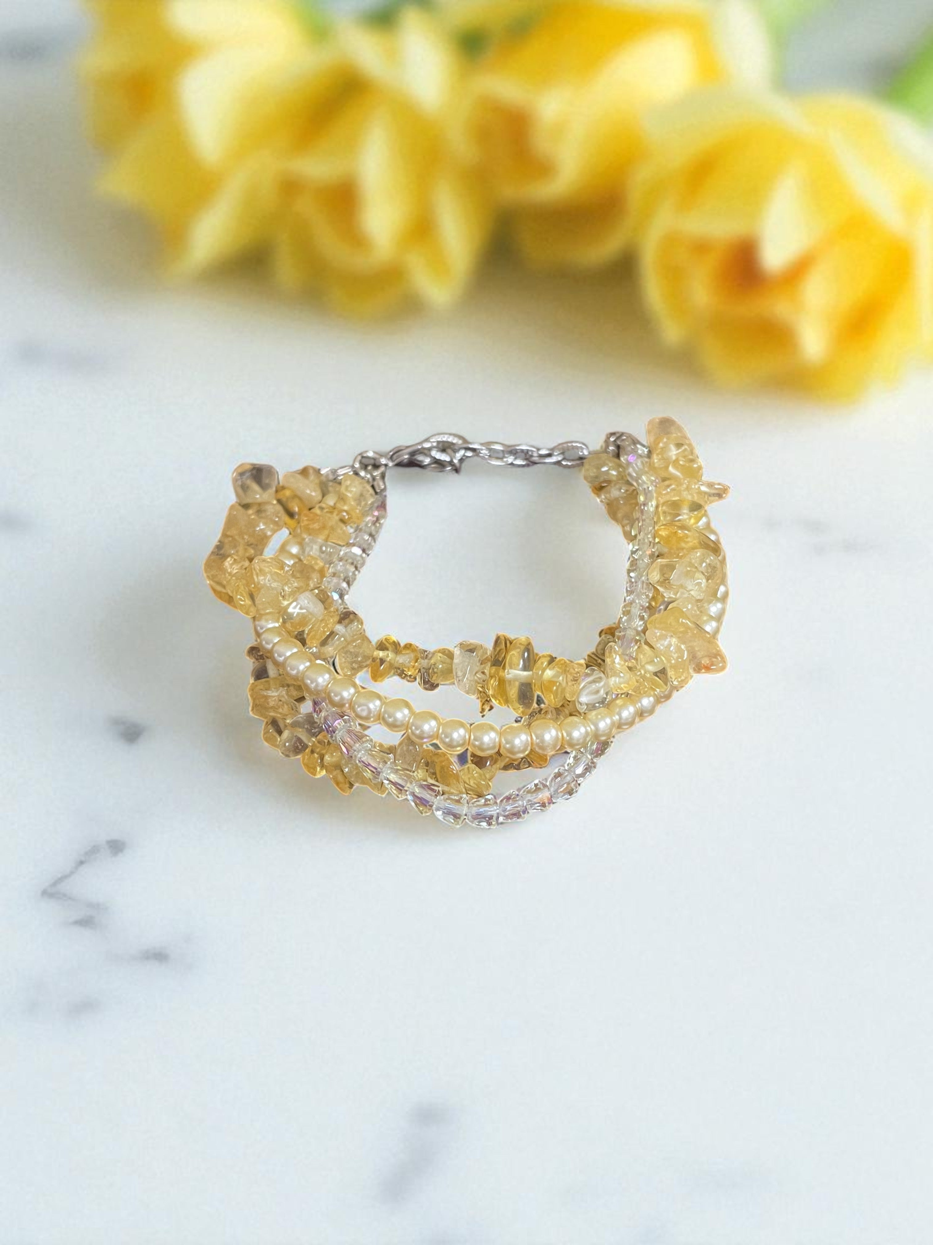 Multi-Strand Gemstone Bracelet | Aquamarine, Rhodonite, and Yellow Quartz