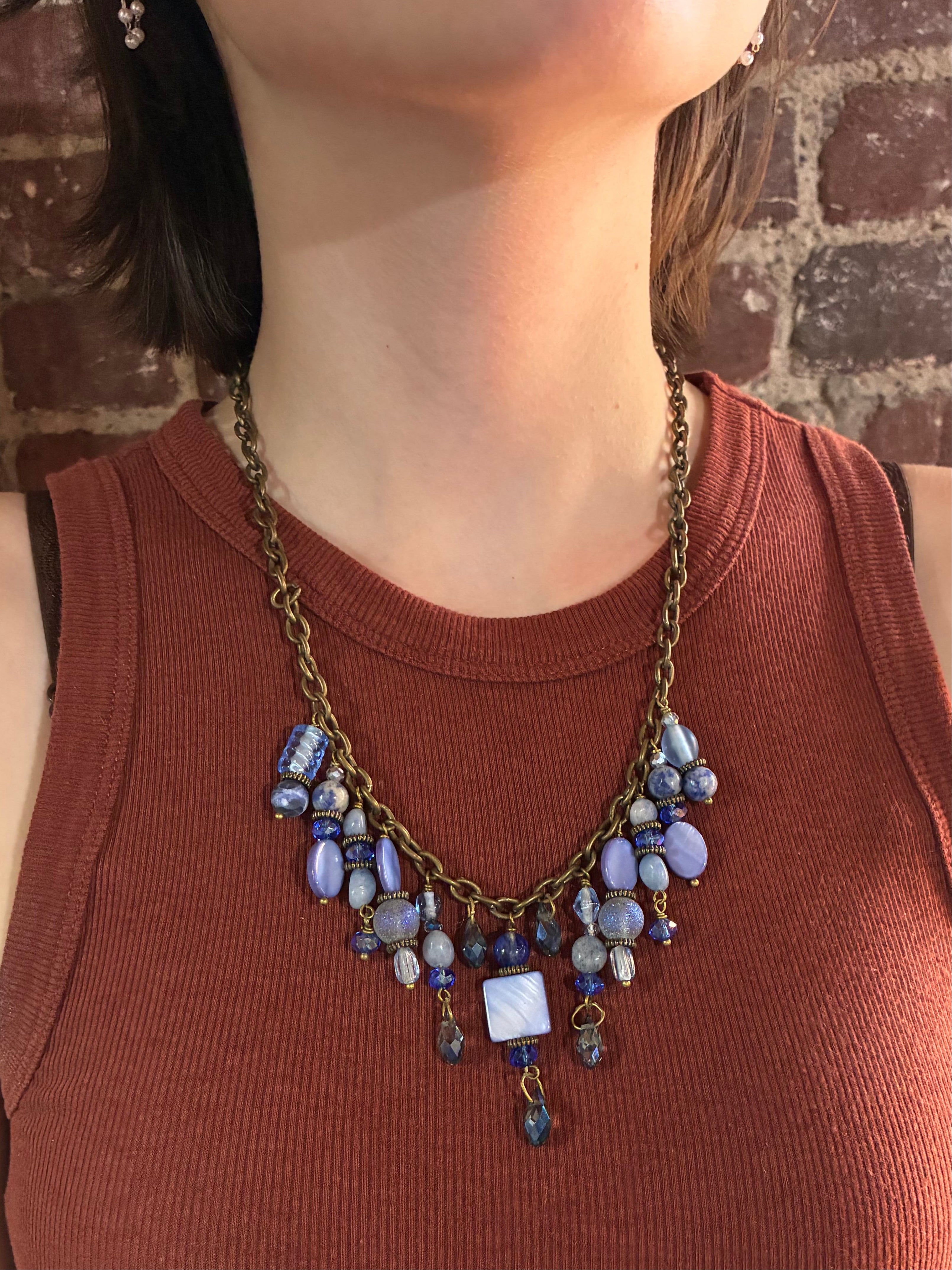 Gemstone Cluster Bib Necklace - Tiger Eye, Turquoise Amazonite, Amethyst, Blue Agate, Apatite, and Sodalite
