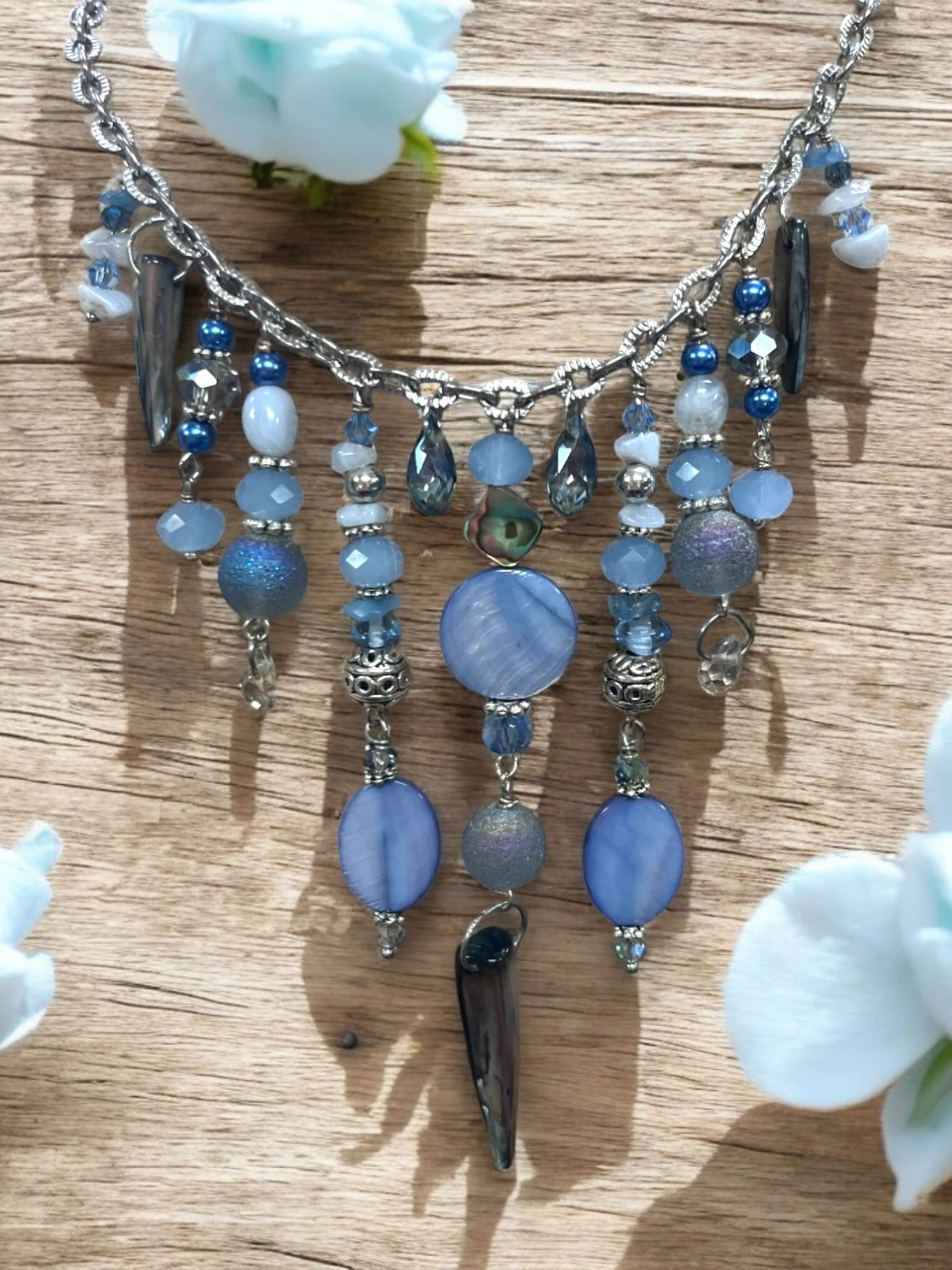 Gemstone Cluster Bib Necklace - Tiger Eye, Turquoise Amazonite, Amethyst, Blue Agate, Apatite, and Sodalite