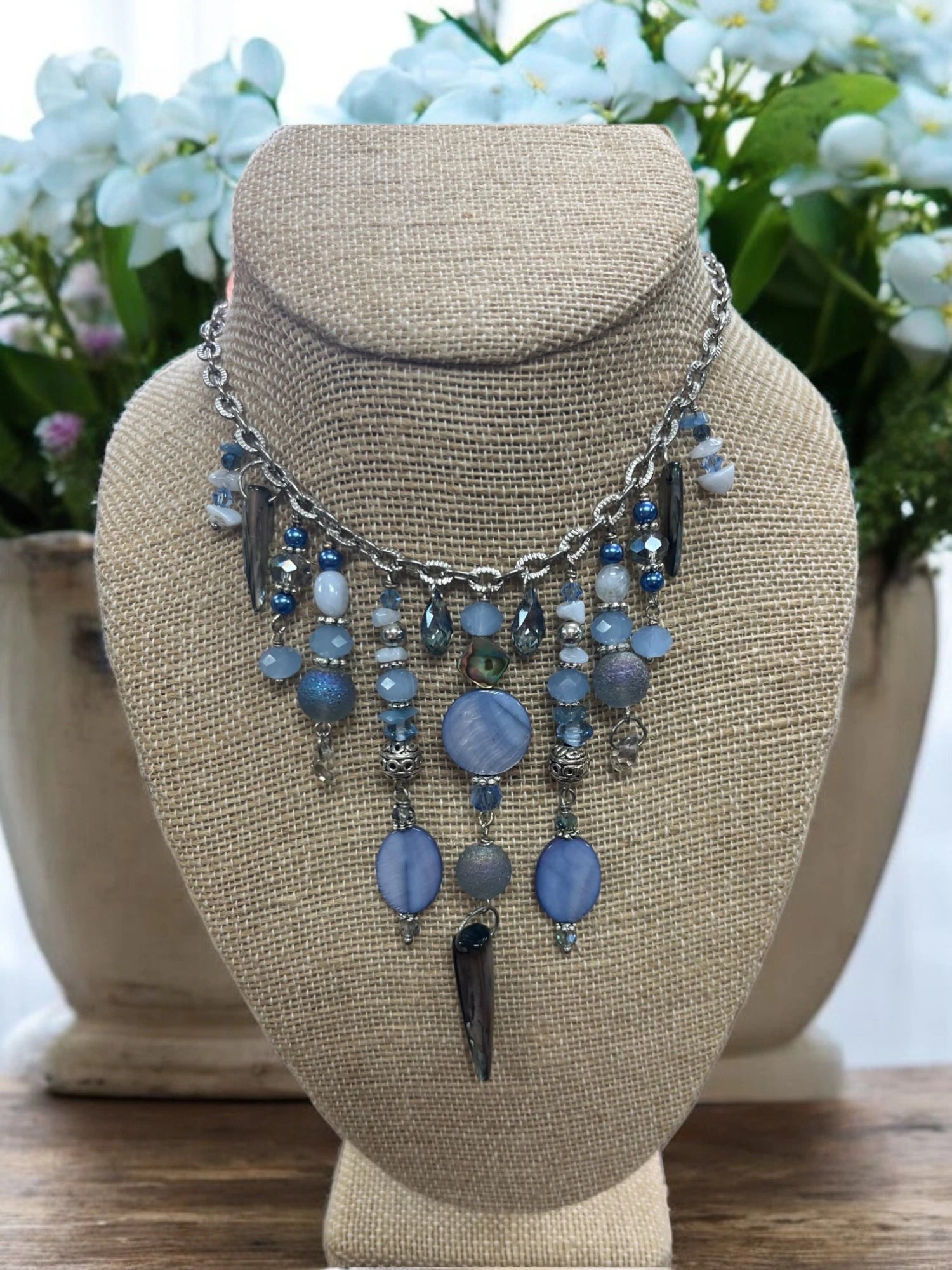 Gemstone Cluster Bib Necklace - Tiger Eye, Turquoise Amazonite, Amethyst, Blue Agate, Apatite, and Sodalite