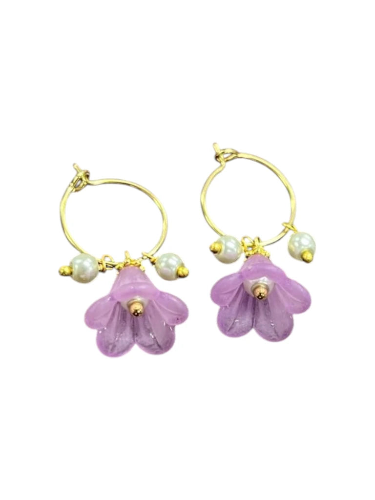 Golden Delicate Lucite Flower & Pearl Hoop Earrings | Handmade | Assorted Colors