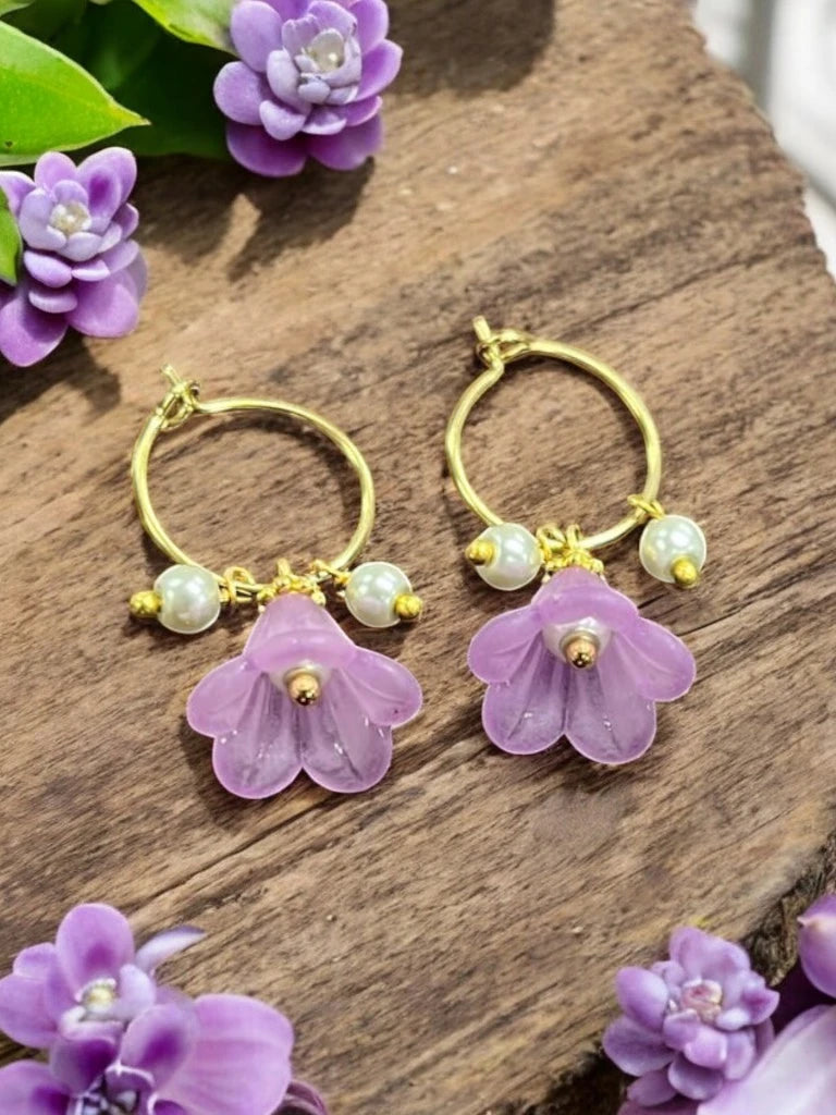 Golden Delicate Lucite Flower & Pearl Hoop Earrings | Handmade | Assorted Colors