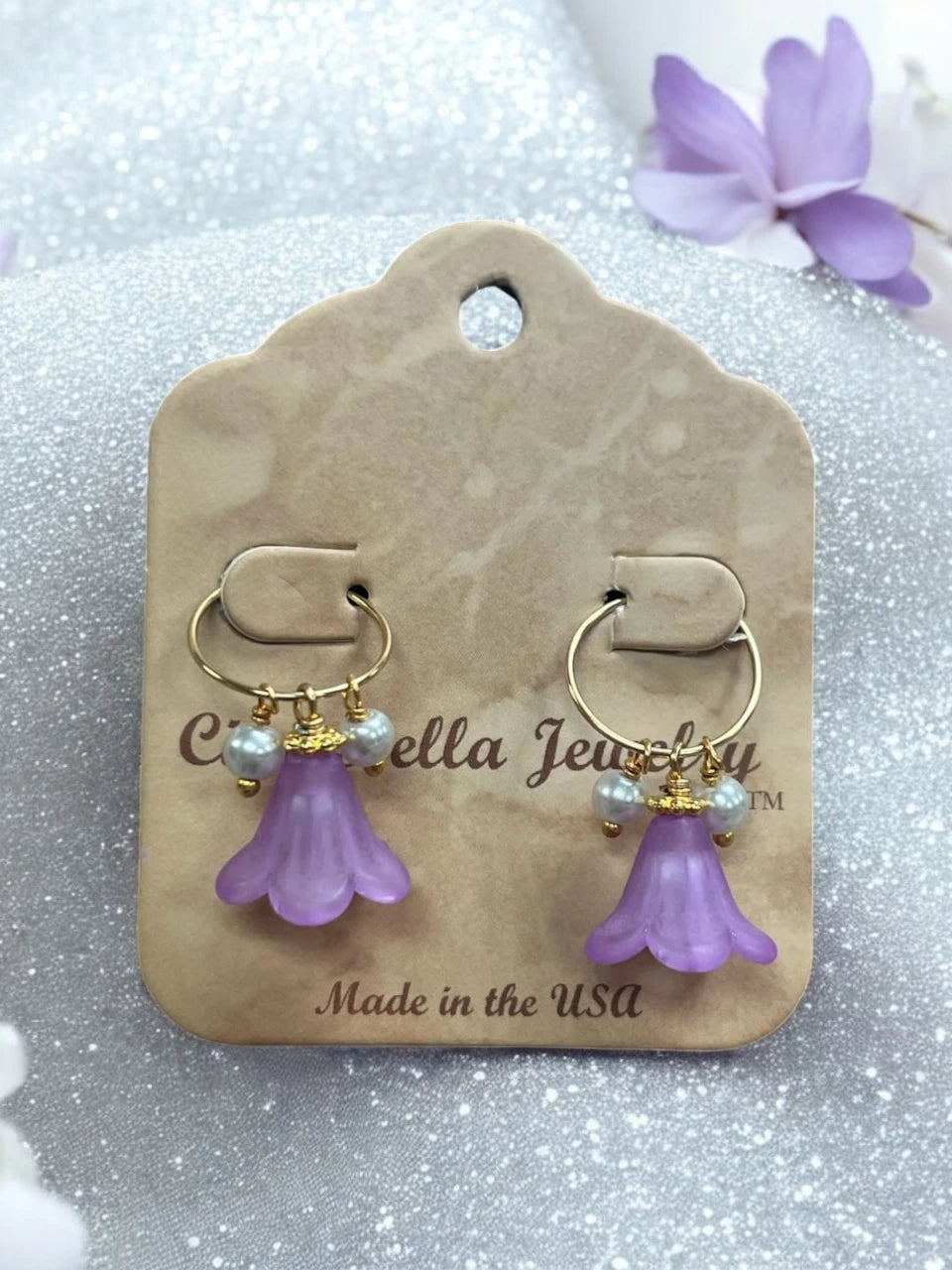 Golden Delicate Lucite Flower & Pearl Hoop Earrings | Handmade | Assorted Colors