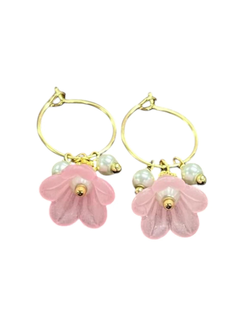 Golden Delicate Lucite Flower & Pearl Hoop Earrings | Handmade | Assorted Colors