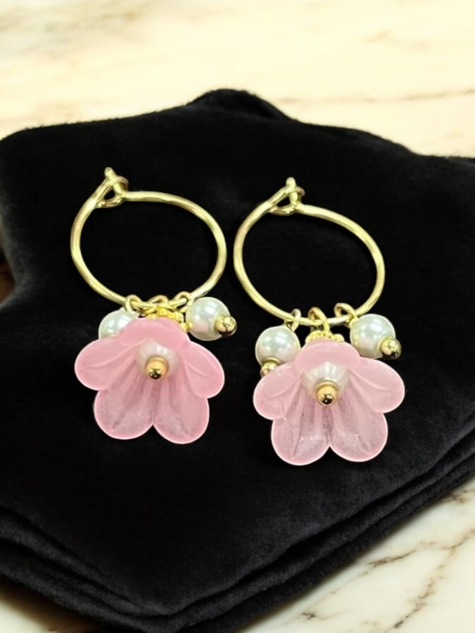 Golden Delicate Lucite Flower & Pearl Hoop Earrings | Handmade | Assorted Colors