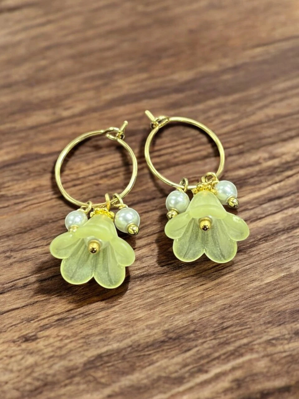 Golden Delicate Lucite Flower & Pearl Hoop Earrings | Handmade | Assorted Colors