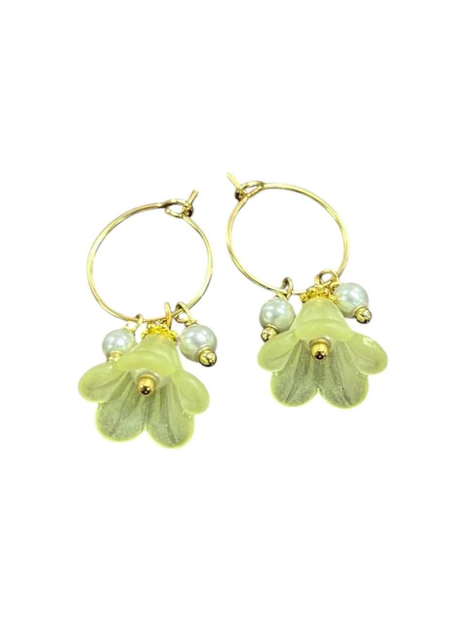 Golden Delicate Lucite Flower & Pearl Hoop Earrings | Handmade | Assorted Colors
