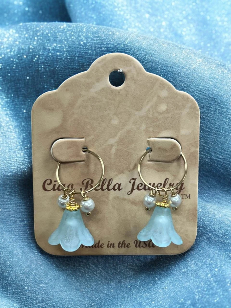 Golden Delicate Lucite Flower & Pearl Hoop Earrings | Handmade | Assorted Colors