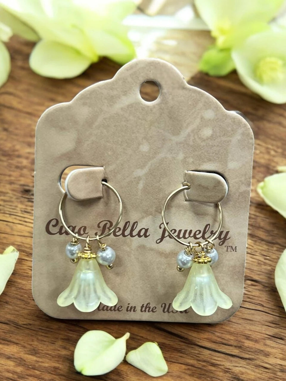 Golden Delicate Lucite Flower & Pearl Hoop Earrings | Handmade | Assorted Colors