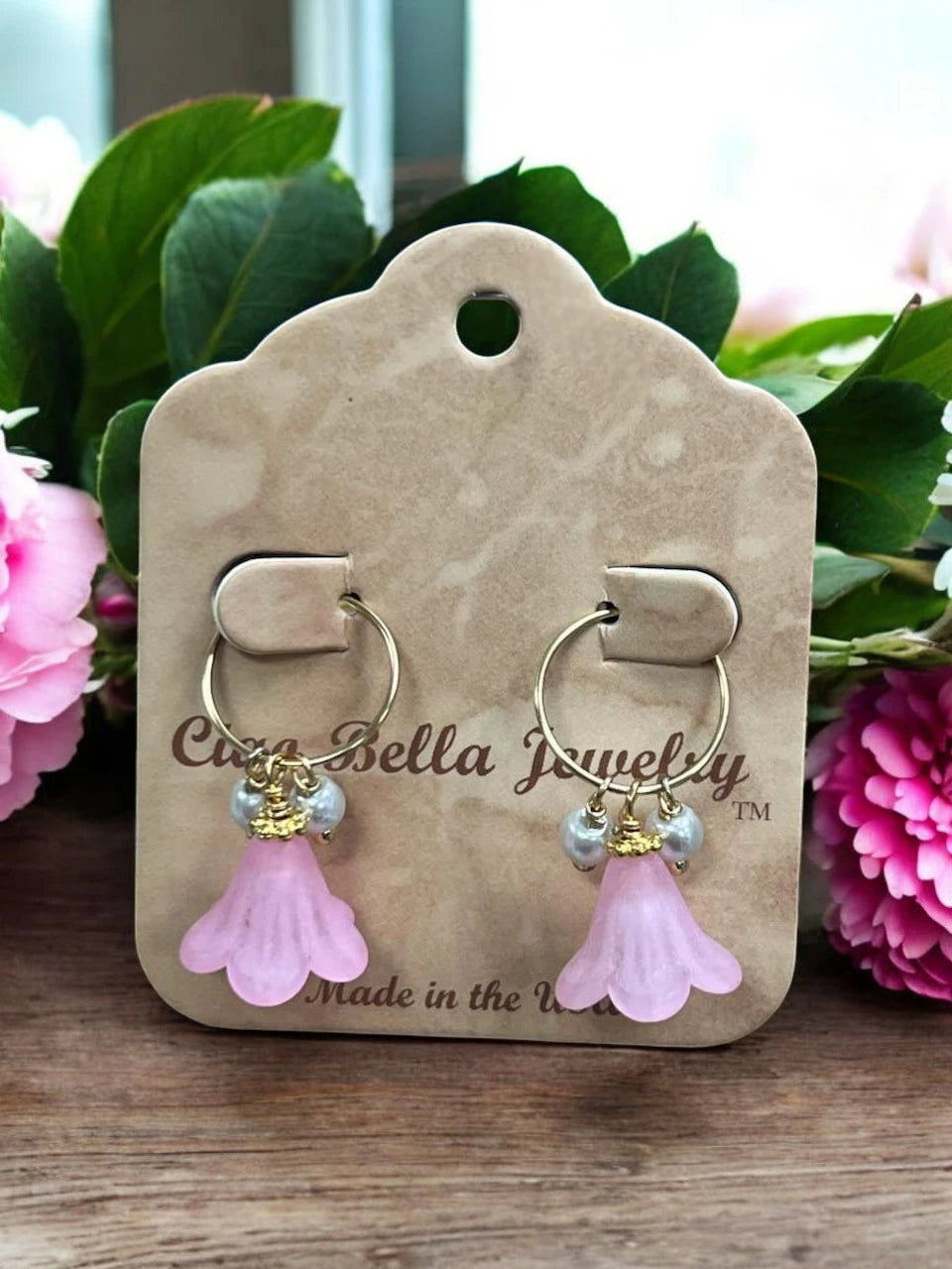 Golden Delicate Lucite Flower & Pearl Hoop Earrings | Handmade | Assorted Colors