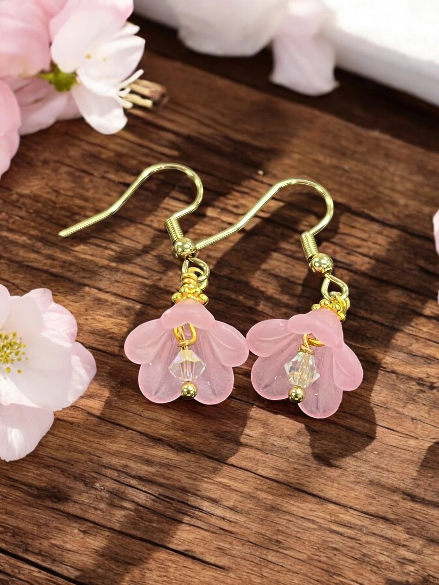 Delicate Lucite Flower Single Dangle Earrings with Austrian Crystal | Handmade | Assorted Colors